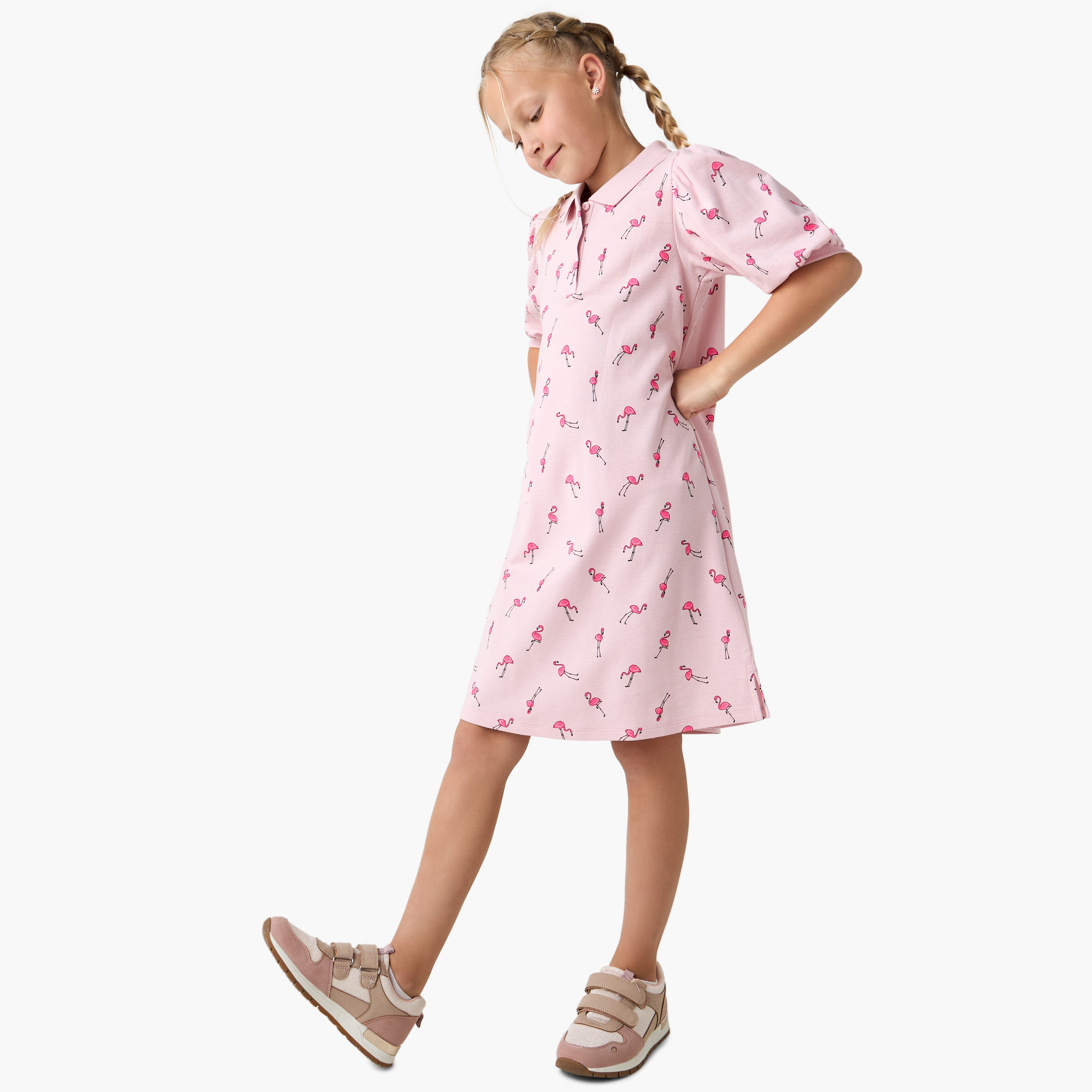 فستان بولو بأكمام قصيرة وطبعات فلامنجو من جونيورز-girls-clothing-dressesandjumpsuits-image-2