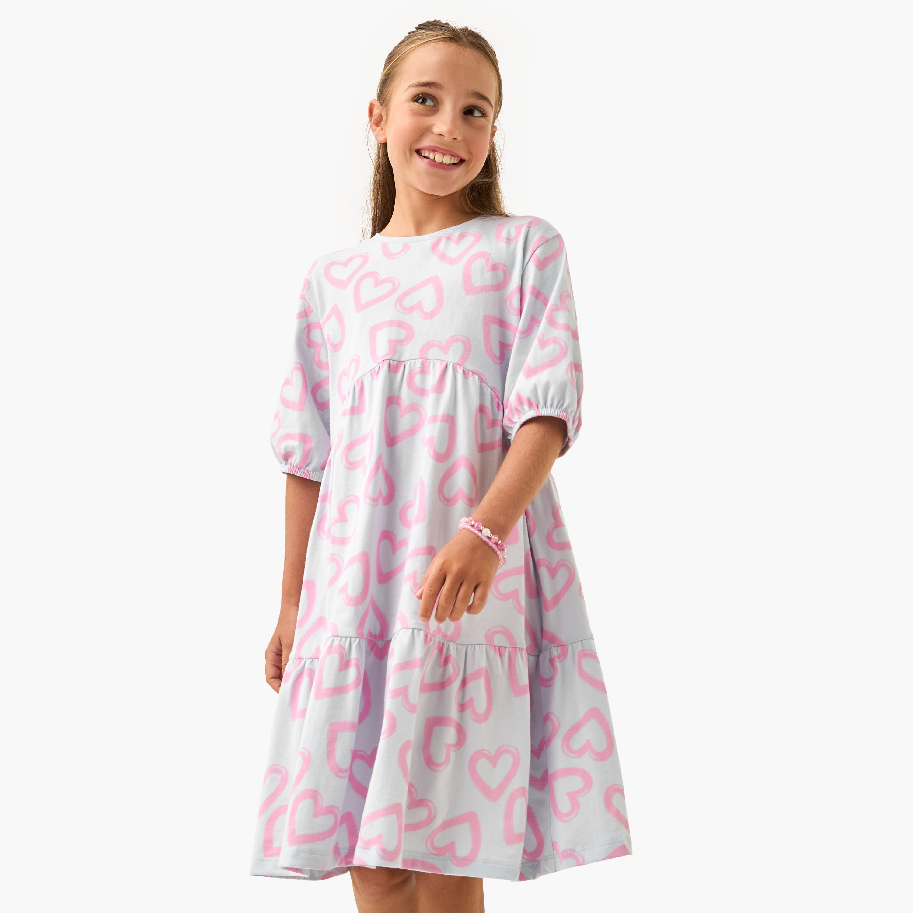 فستان متعدد الطبقات بطبعات قلب وأكمام بطول 3/4 من جونيورز-girls-clothing-dressesandjumpsuits-image-1