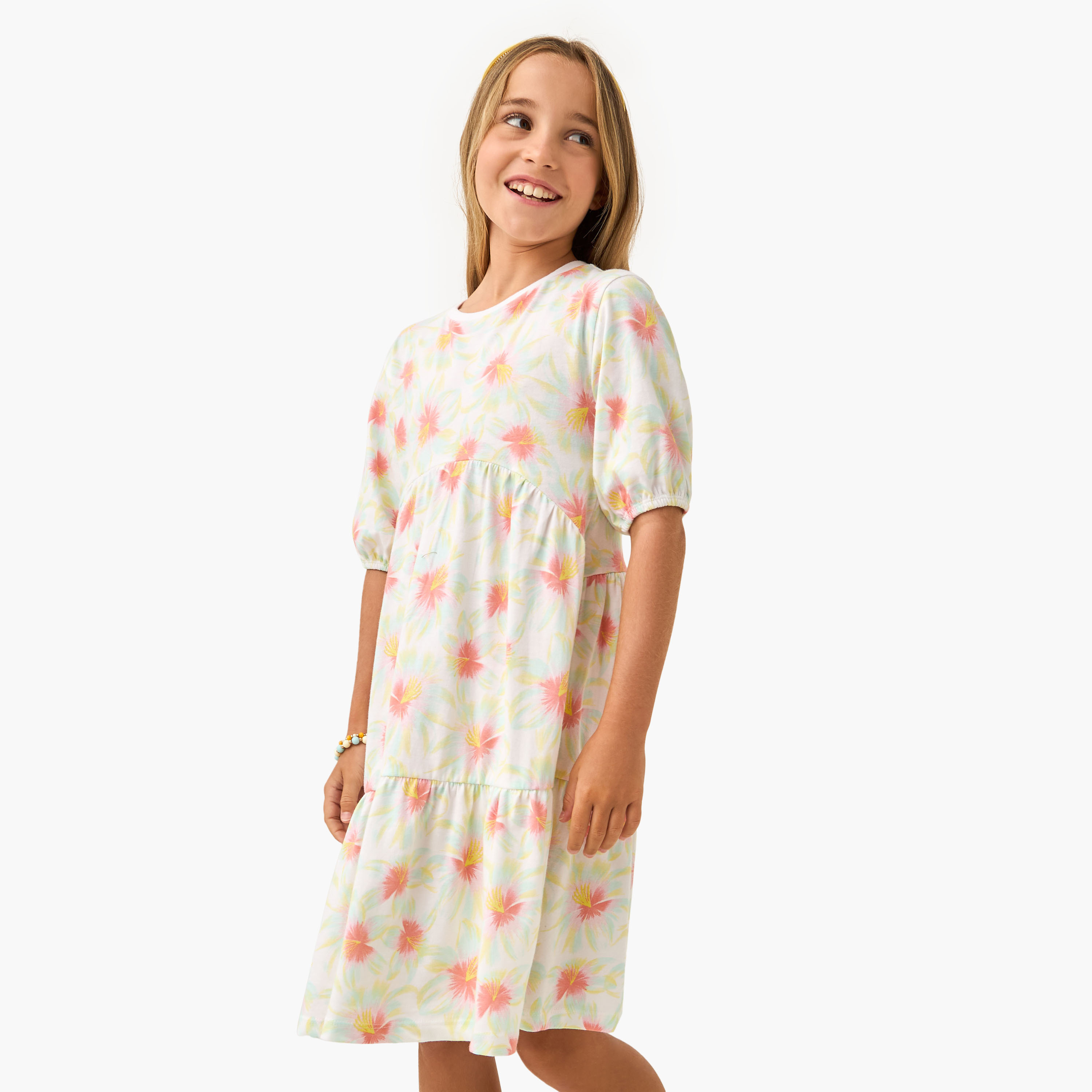 Juniors All-Over Floral Print Tiered Dress with Short Sleeves-girls-clothing-dressesandjumpsuits-image-1