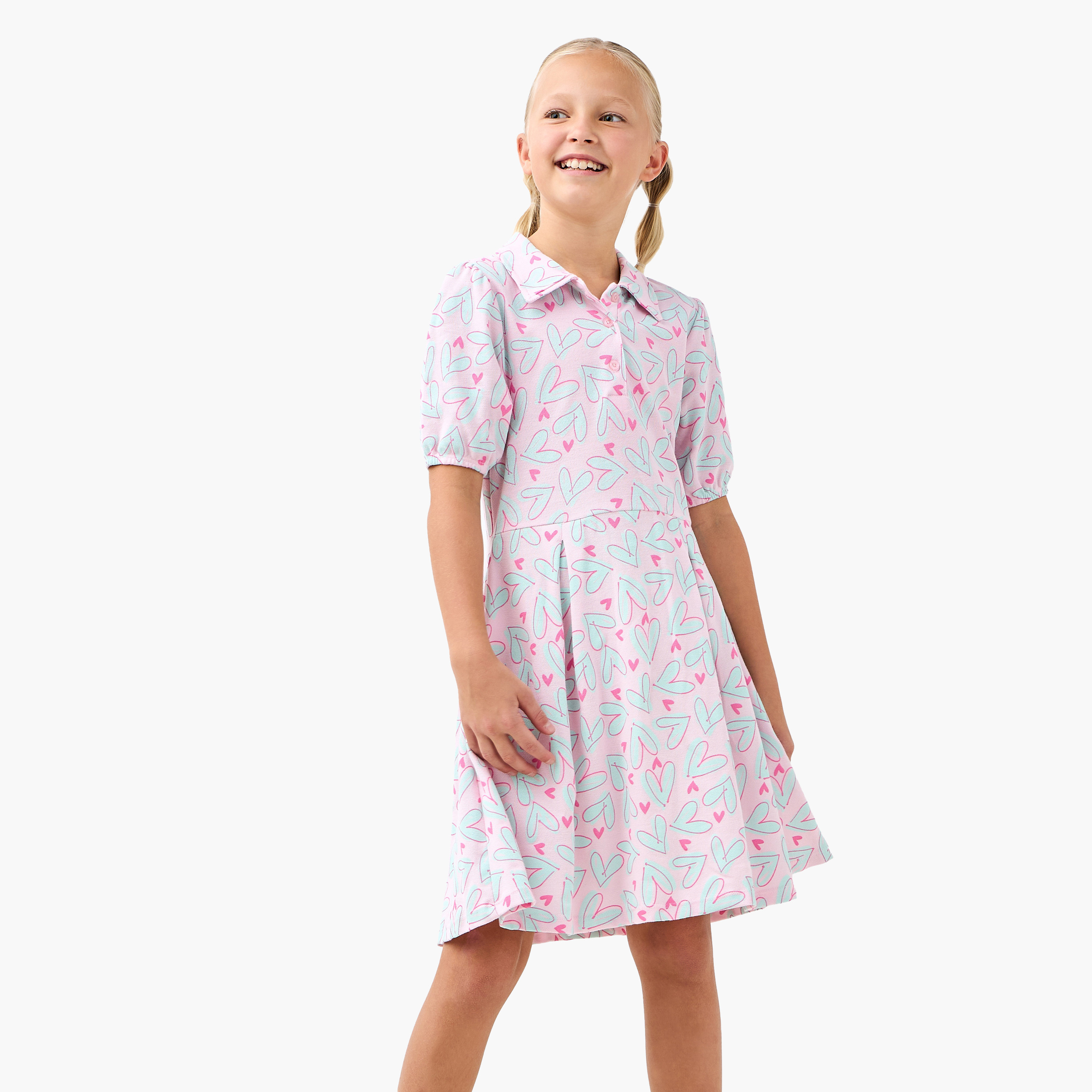 Juniors Heart Print Polo Dress with Short Sleeves-girls-clothing-dressesandjumpsuits-image-1