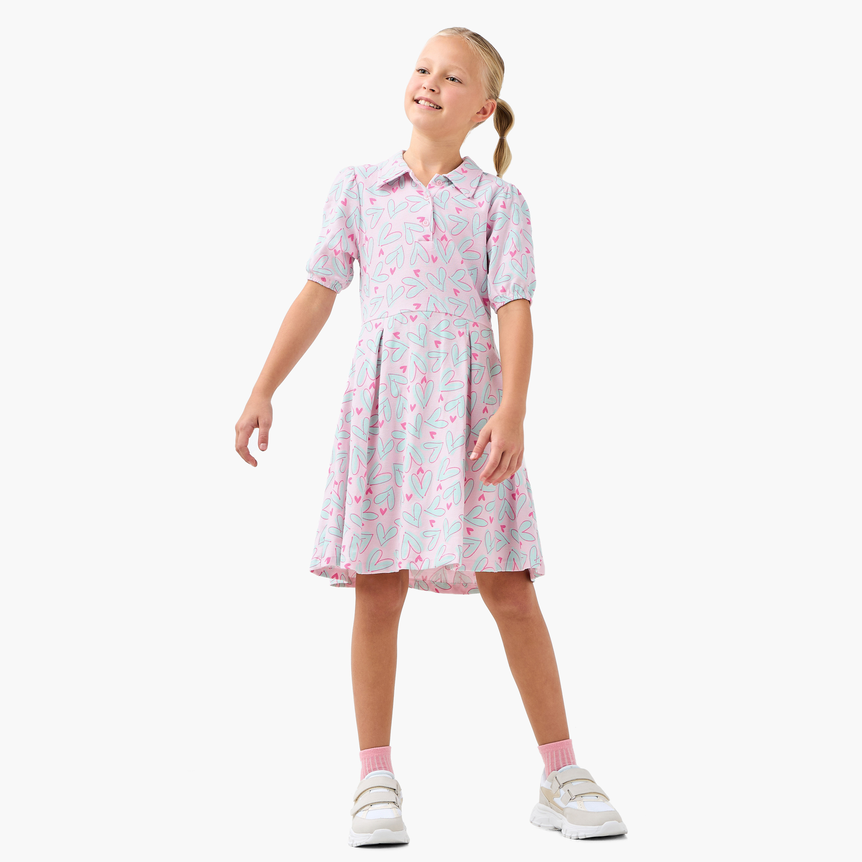 Juniors Heart Print Polo Dress with Short Sleeves-girls-clothing-dressesandjumpsuits-image-2