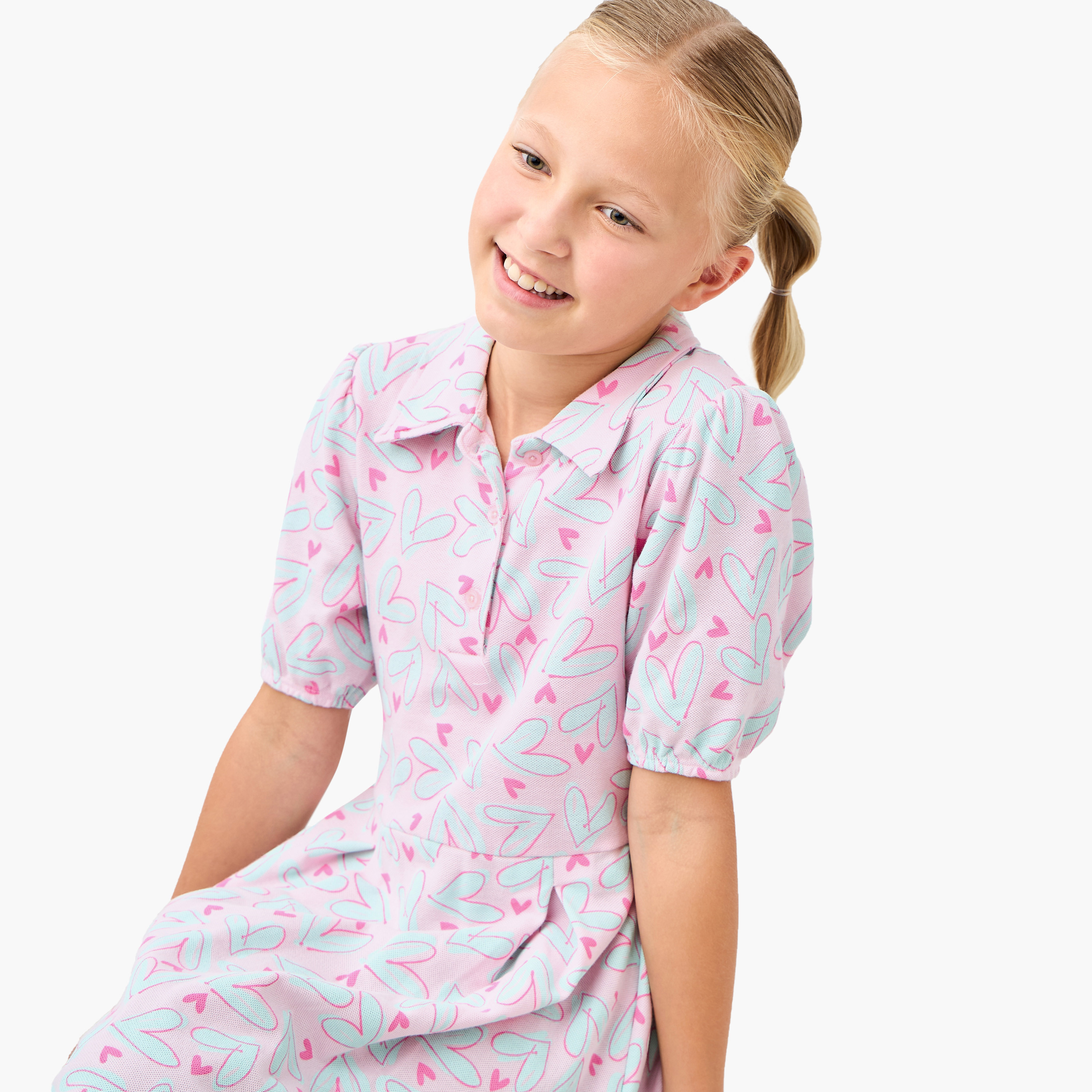 Juniors Heart Print Polo Dress with Short Sleeves-girls-clothing-dressesandjumpsuits-image-5