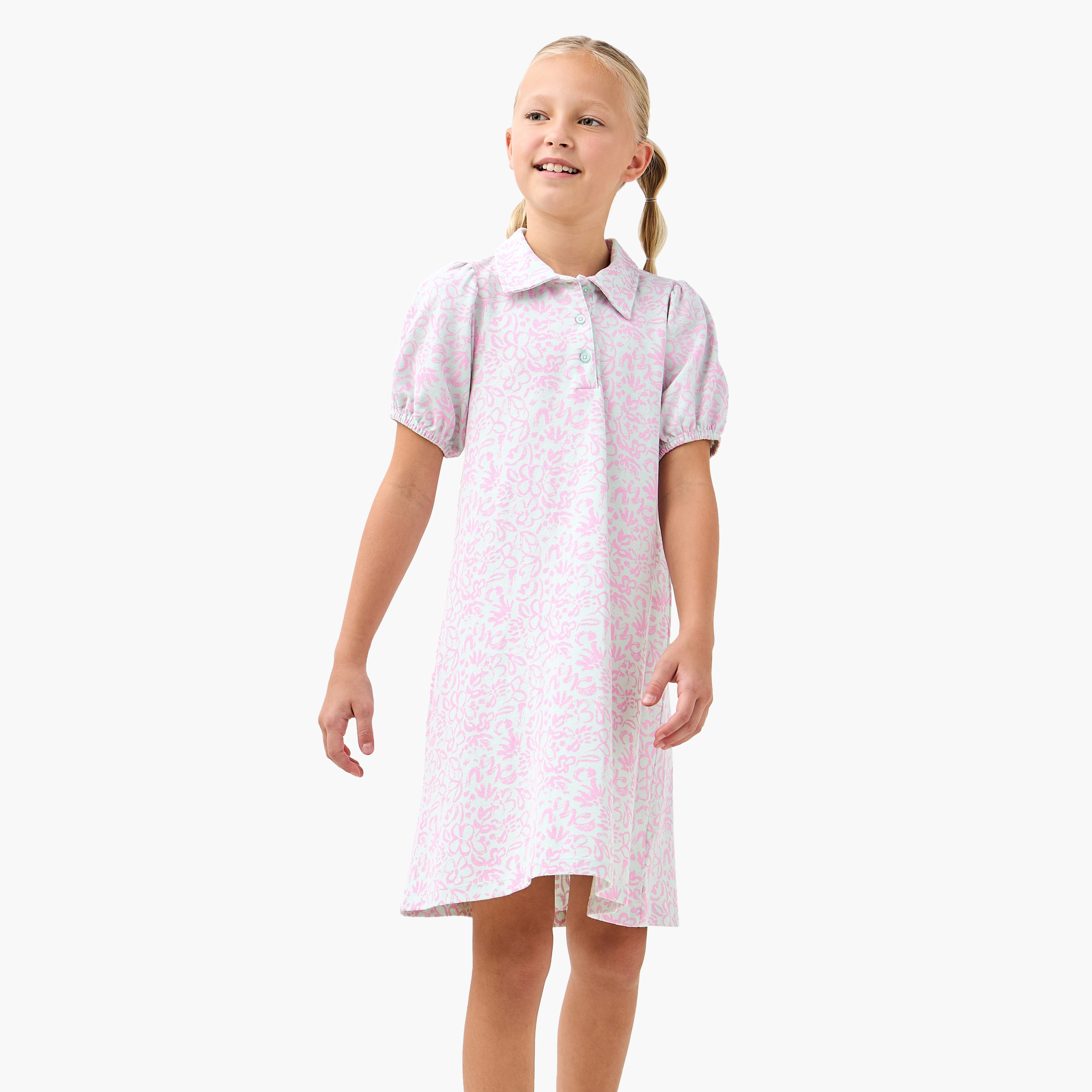 Juniors Floral Print Polo Dress with Short Sleeves-girls-clothing-dressesandjumpsuits-image-1