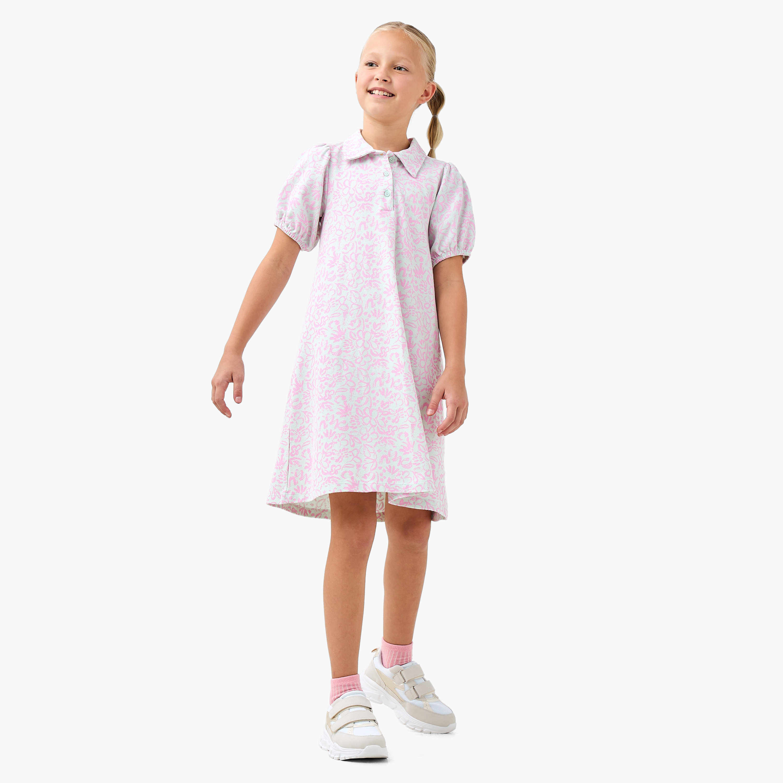 Juniors Floral Print Polo Dress with Short Sleeves-girls-clothing-dressesandjumpsuits-image-2