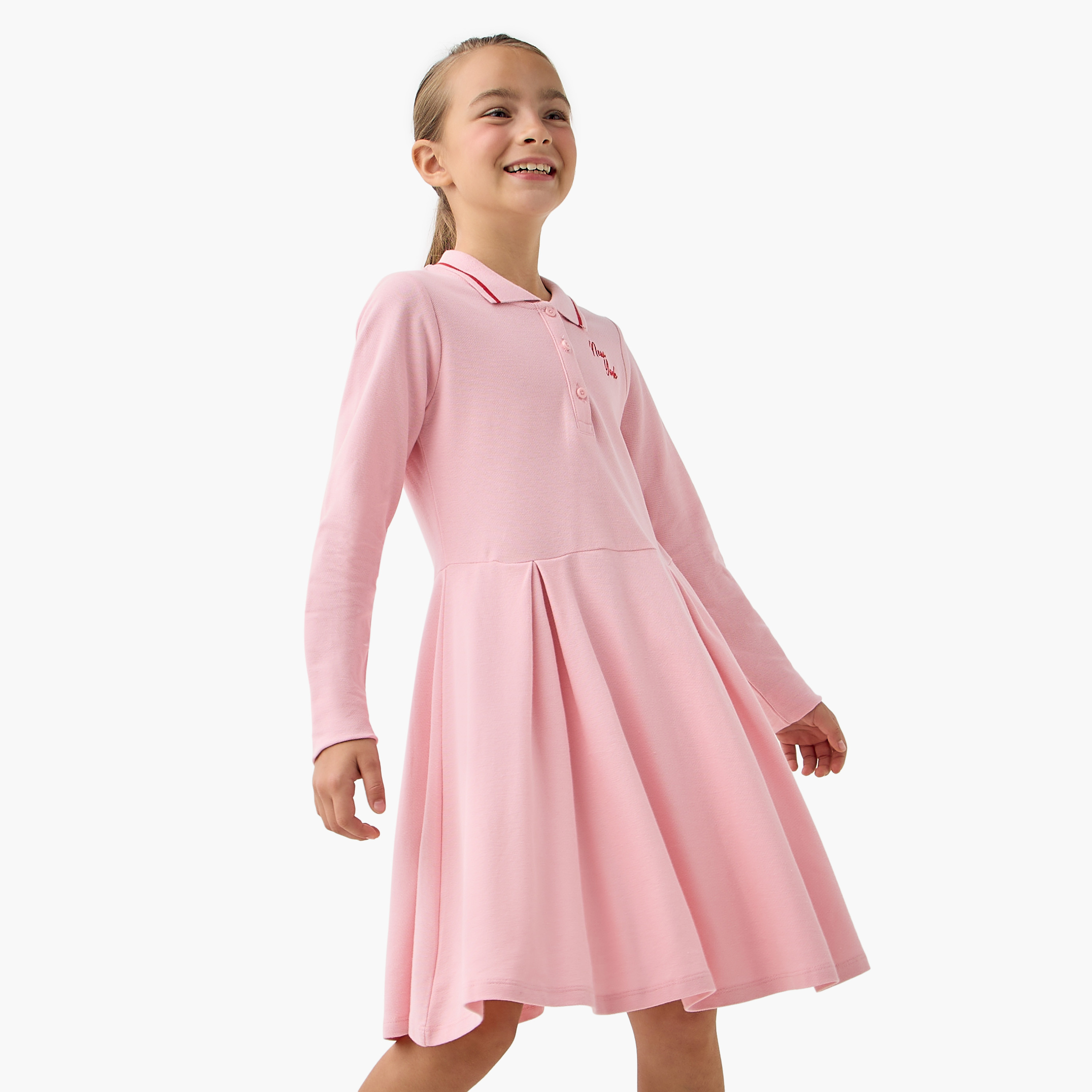 Juniors New York Embroidered Polo Dress with Long Sleeves and Pleats-girls-clothing-dressesandjumpsuits-image-1