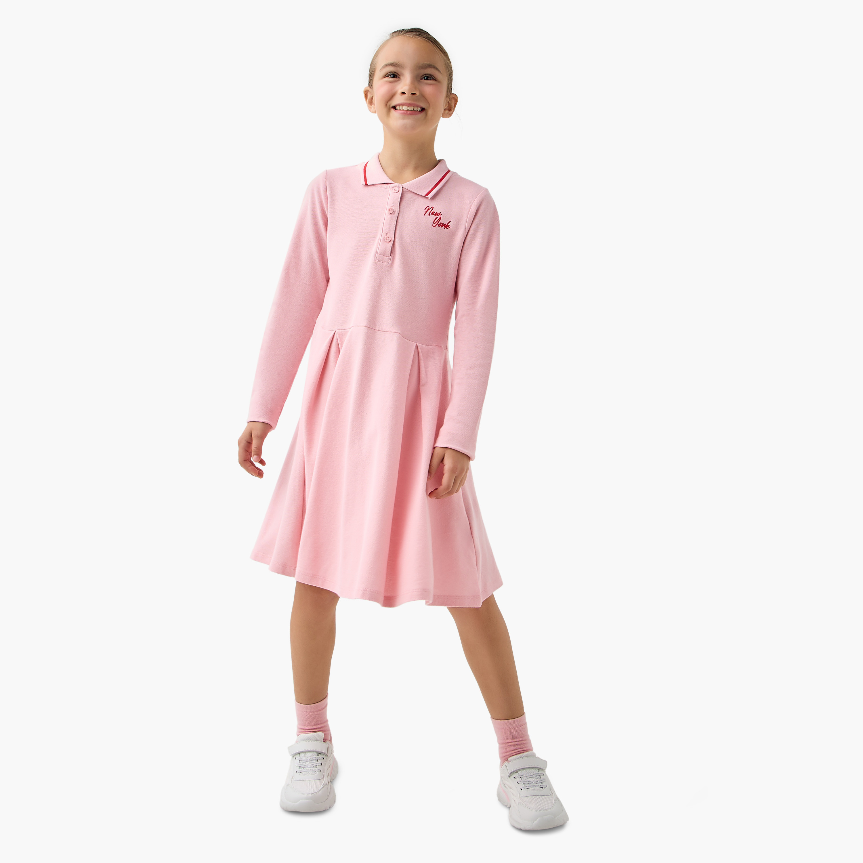 Juniors New York Embroidered Polo Dress with Long Sleeves and Pleats-girls-clothing-dressesandjumpsuits-image-2
