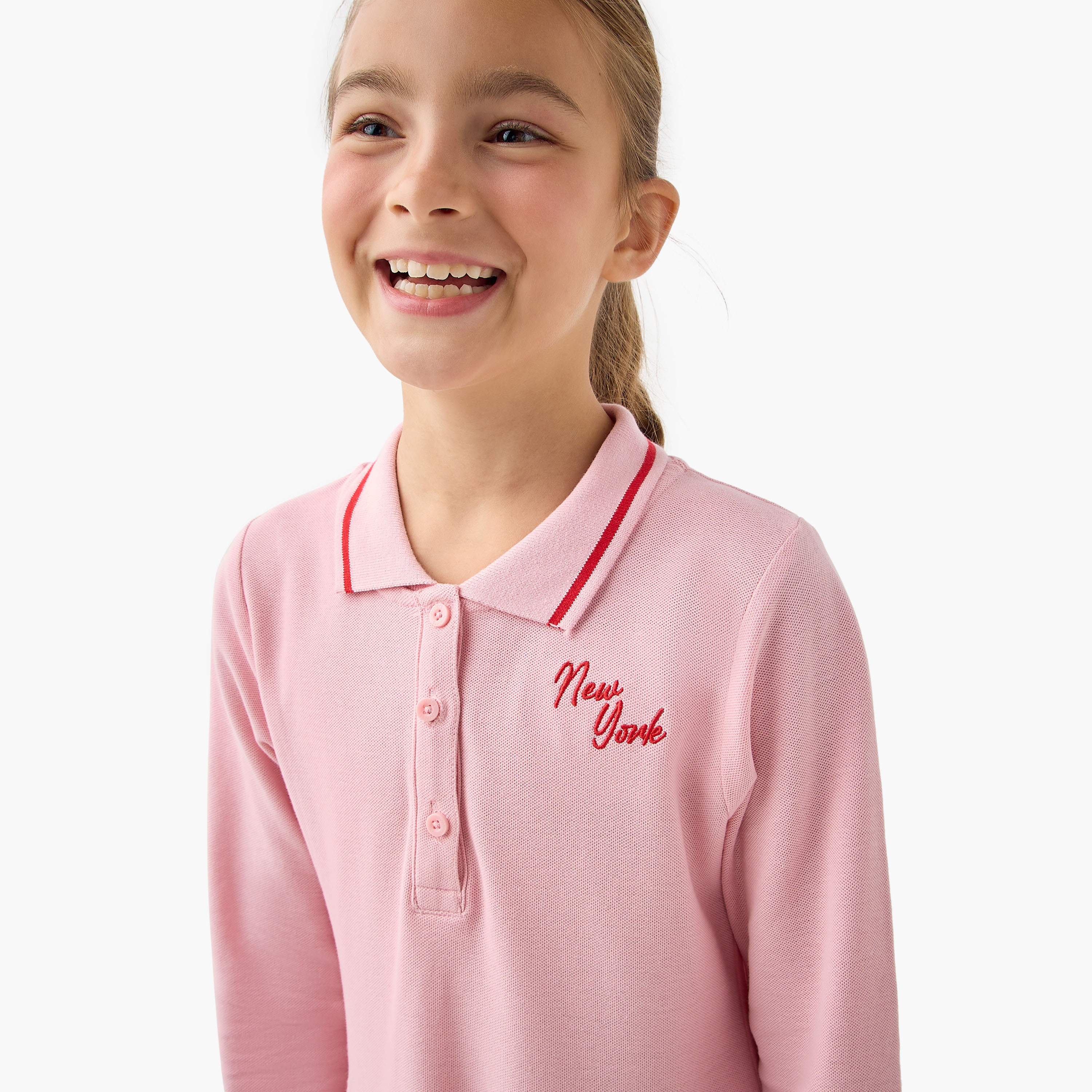Juniors New York Embroidered Polo Dress with Long Sleeves and Pleats-girls-clothing-dressesandjumpsuits-image-4