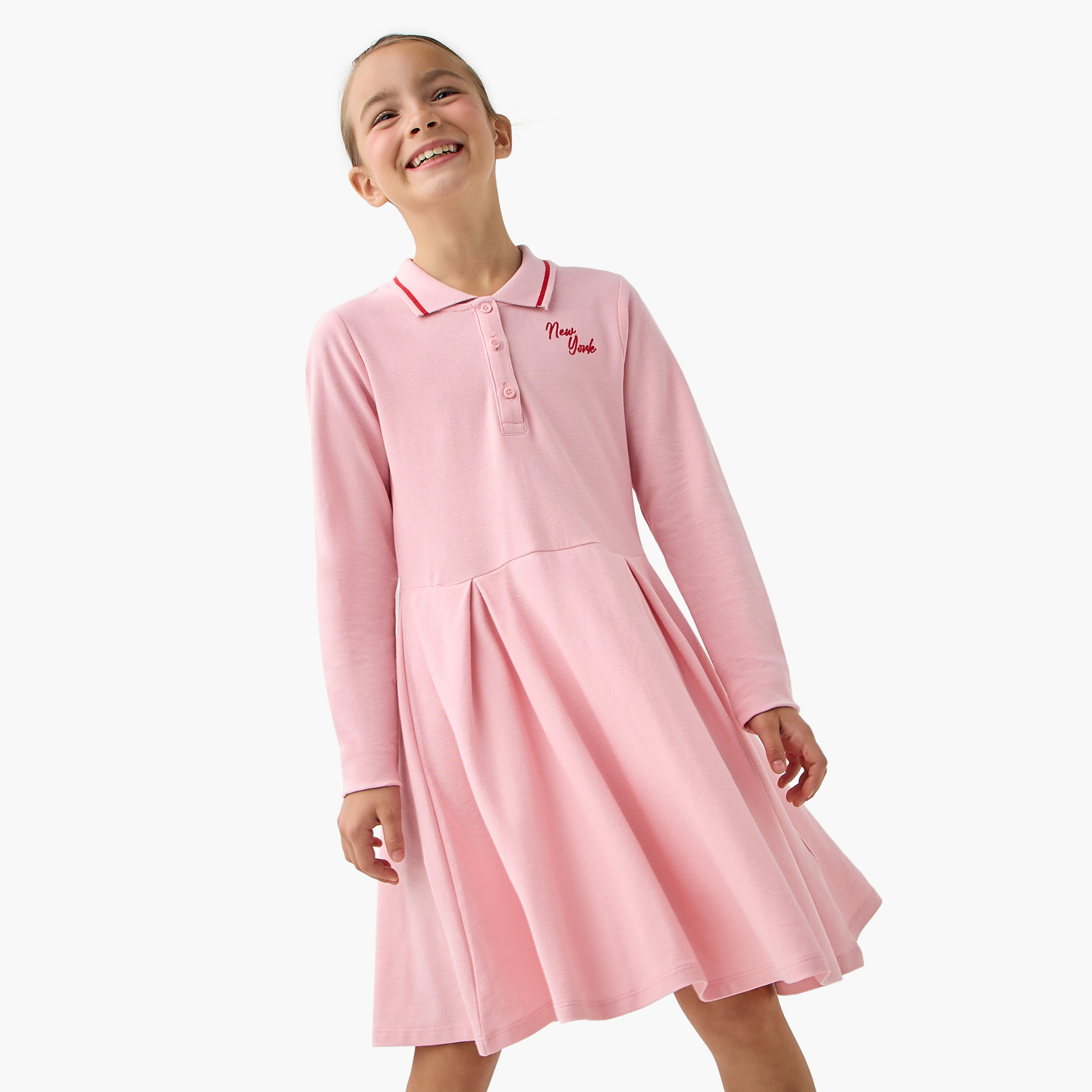 Juniors New York Embroidered Polo Dress with Long Sleeves and Pleats-girls-clothing-dressesandjumpsuits-image-6