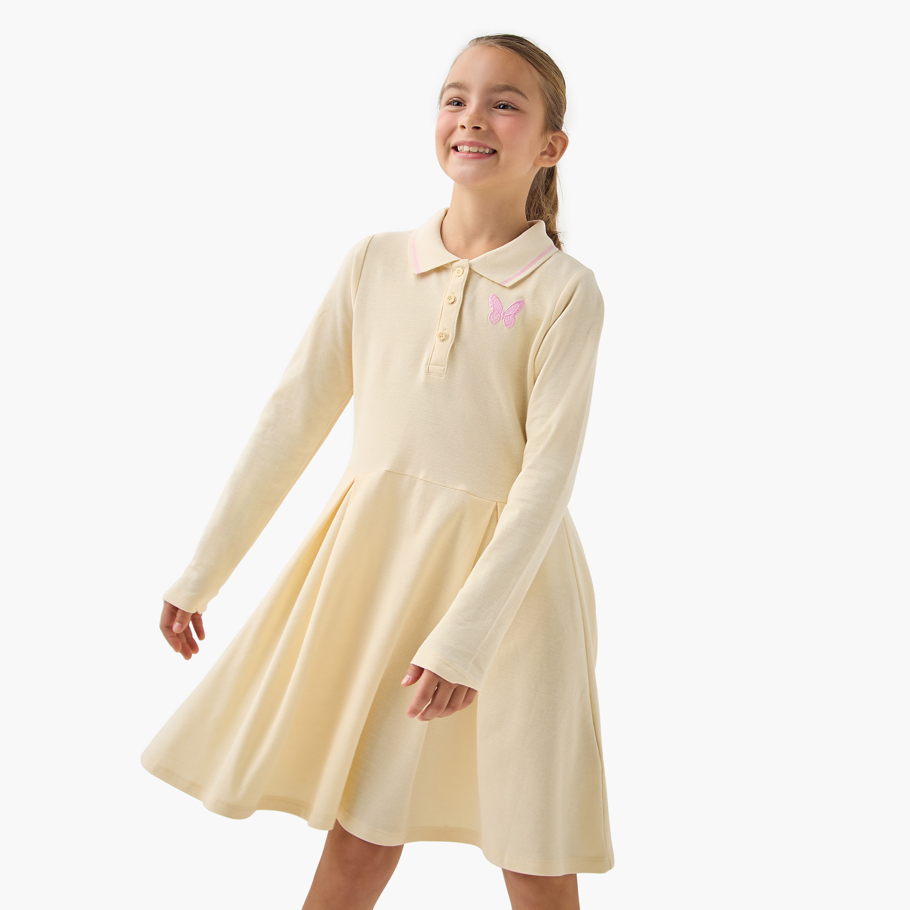 Juniors Butterfly Embroidered Polo Dress with Long Sleeves and Pleats-girls-clothing-dressesandjumpsuits-image-1