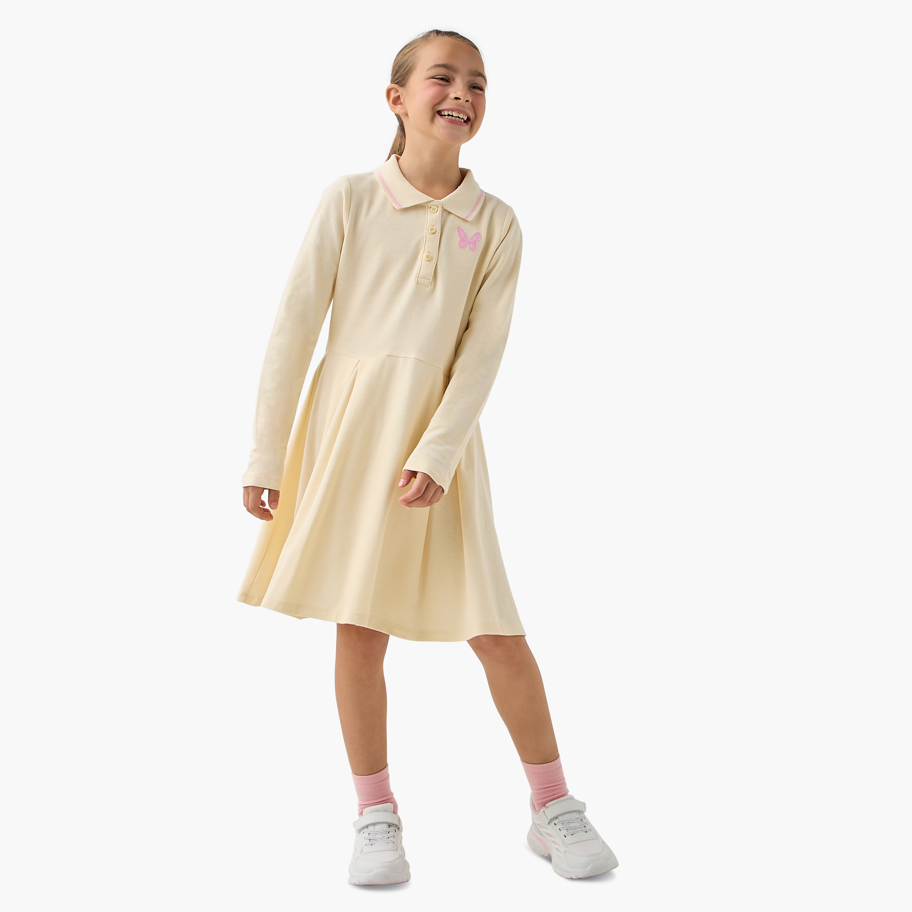 Juniors Butterfly Embroidered Polo Dress with Long Sleeves and Pleats-girls-clothing-dressesandjumpsuits-image-2