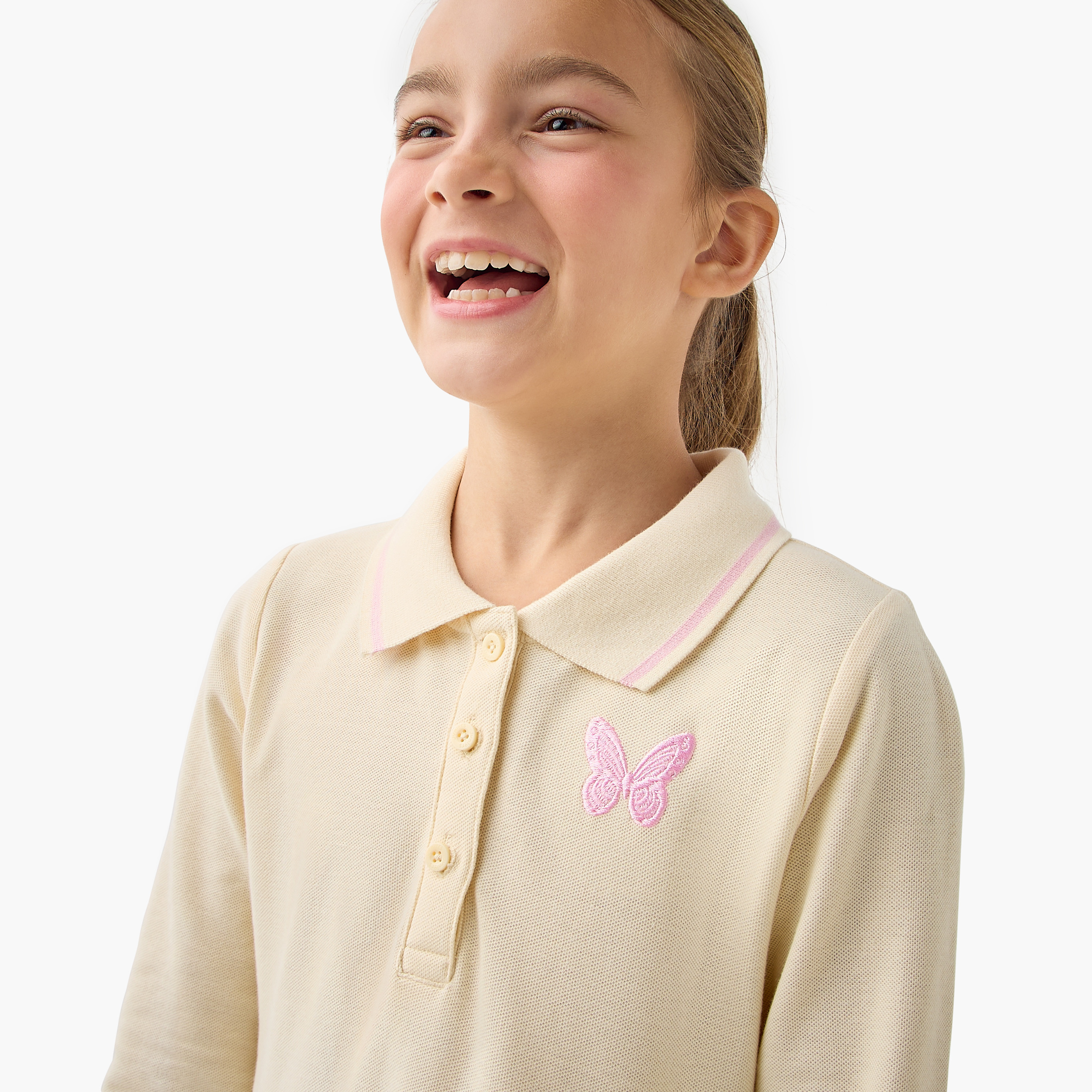 Juniors Butterfly Embroidered Polo Dress with Long Sleeves and Pleats-girls-clothing-dressesandjumpsuits-image-4