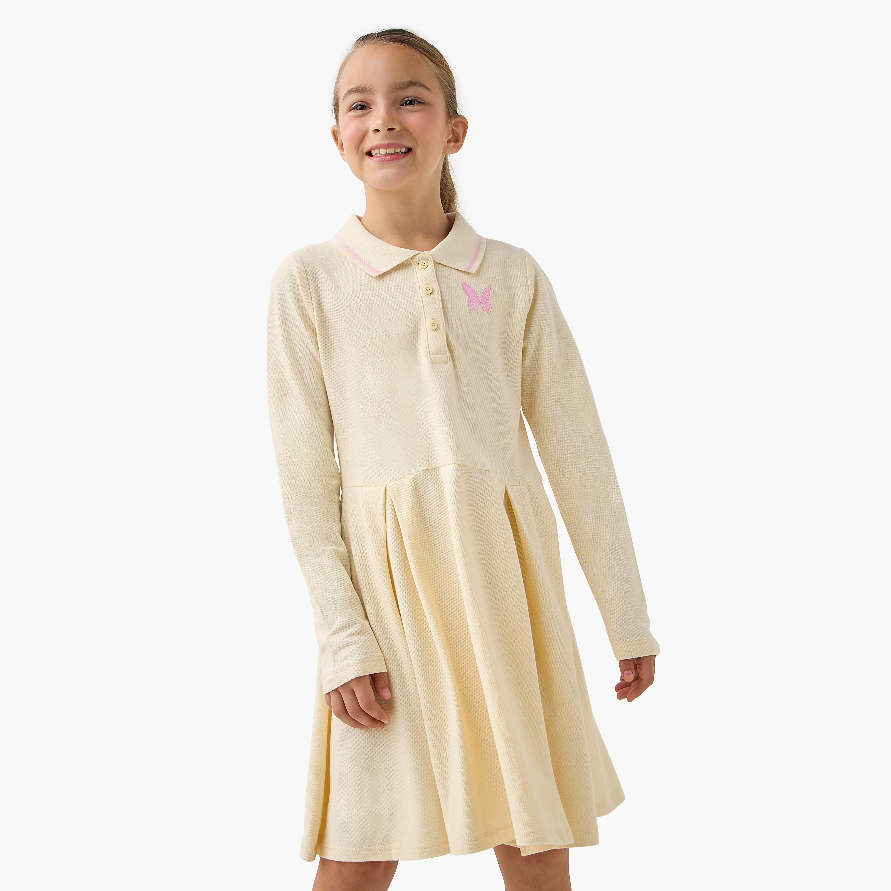 Juniors Butterfly Embroidered Polo Dress with Long Sleeves and Pleats-girls-clothing-dressesandjumpsuits-image-6