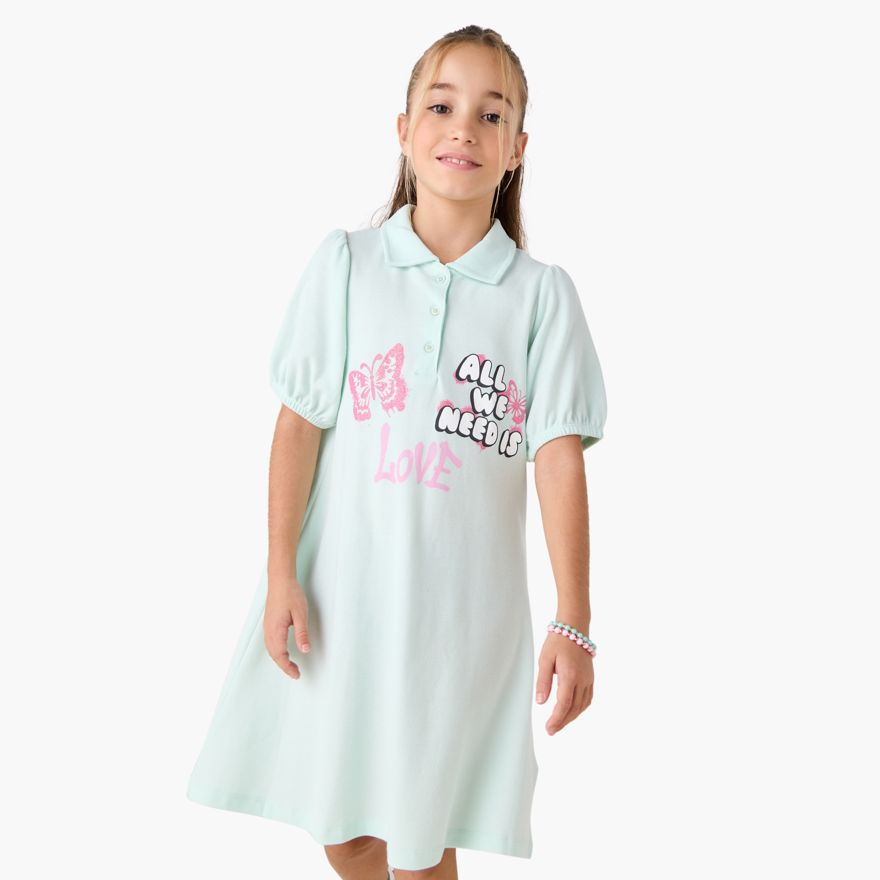 Juniors Printed Polo T-shirt Dress with Short Sleeves-girls-clothing-dressesandjumpsuits-image-1