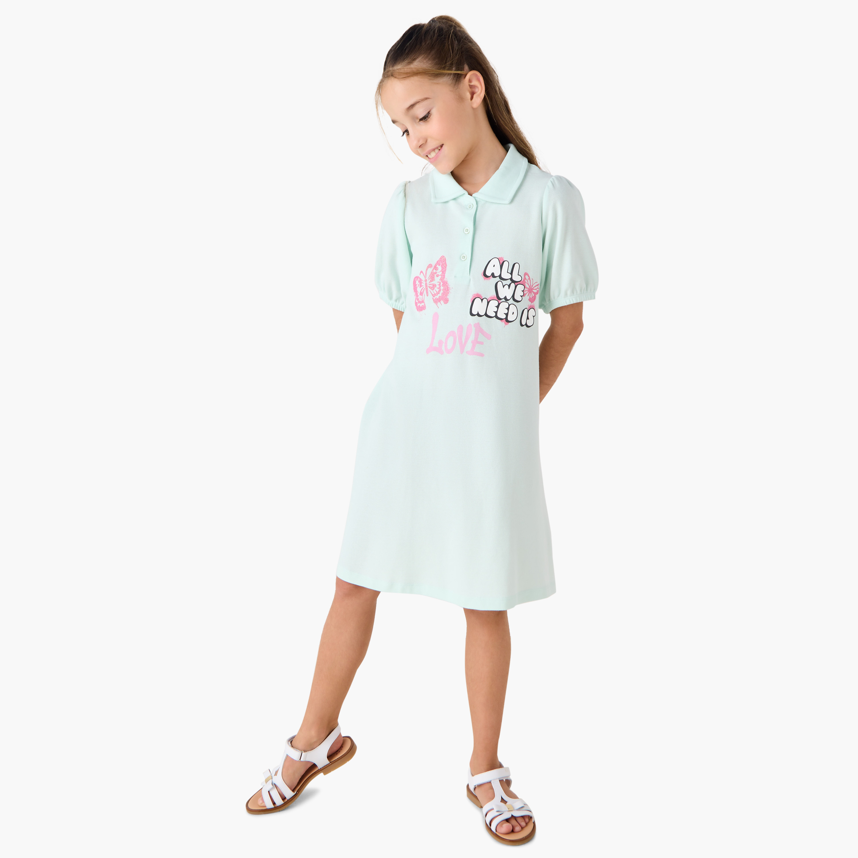Juniors Printed Polo T-shirt Dress with Short Sleeves-girls-clothing-dressesandjumpsuits-image-2