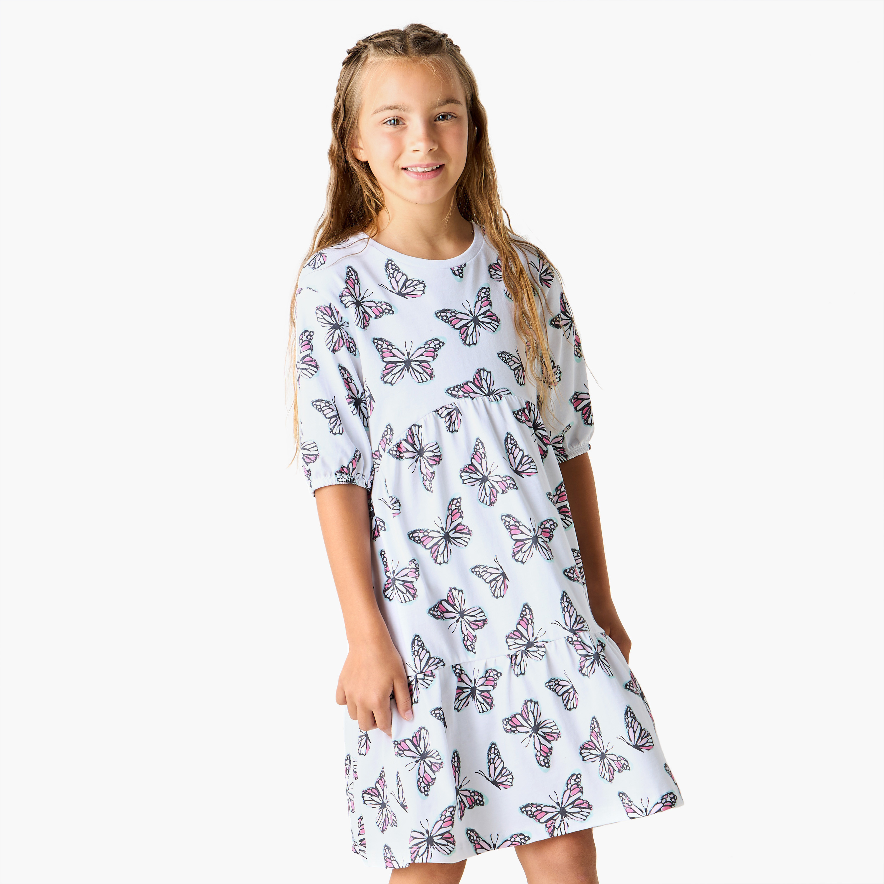 Juniors All-Over Butterfly Print Dress with 3/4 Sleeves-girls-clothing-dressesandjumpsuits-image-1
