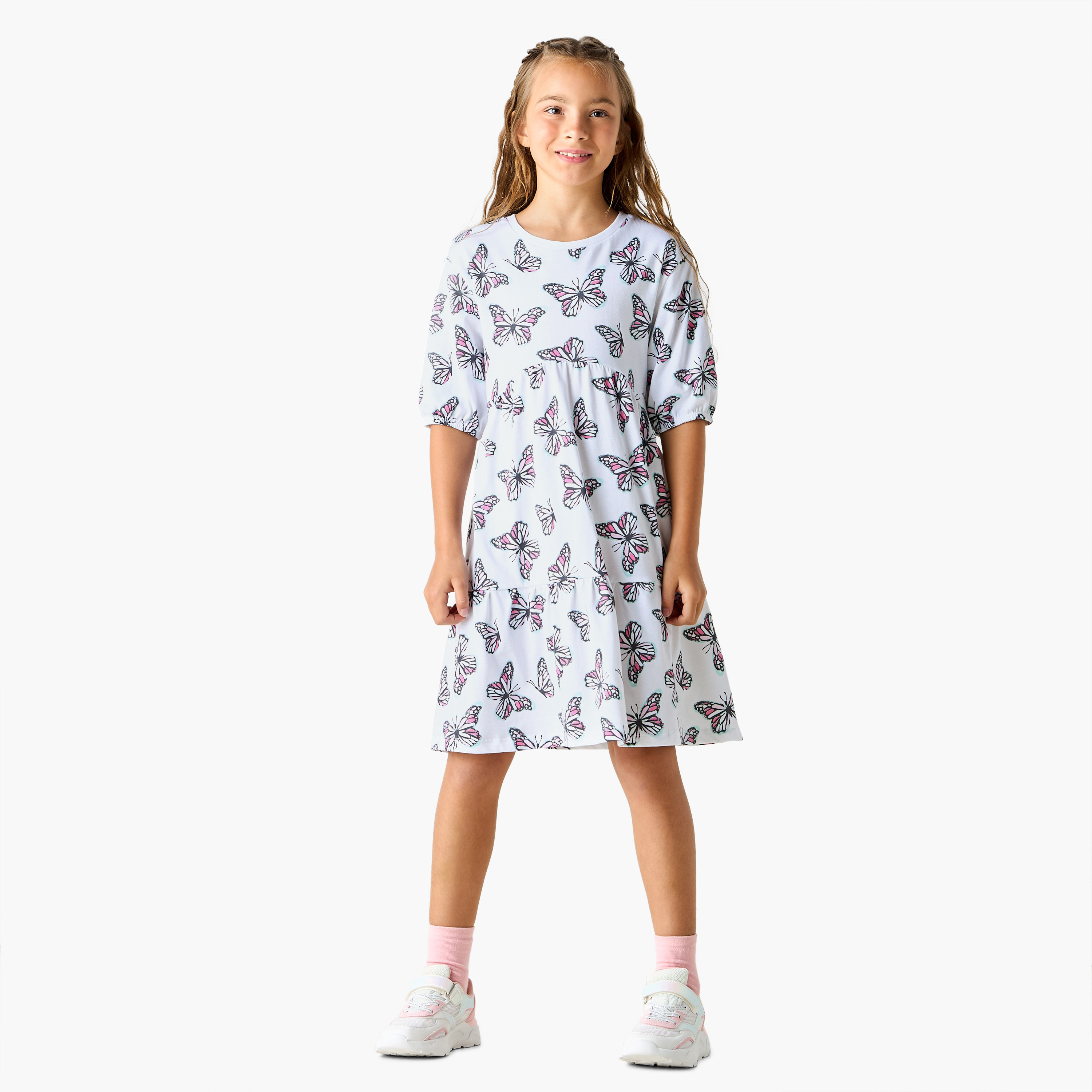 Juniors All-Over Butterfly Print Dress with 3/4 Sleeves-girls-clothing-dressesandjumpsuits-image-2