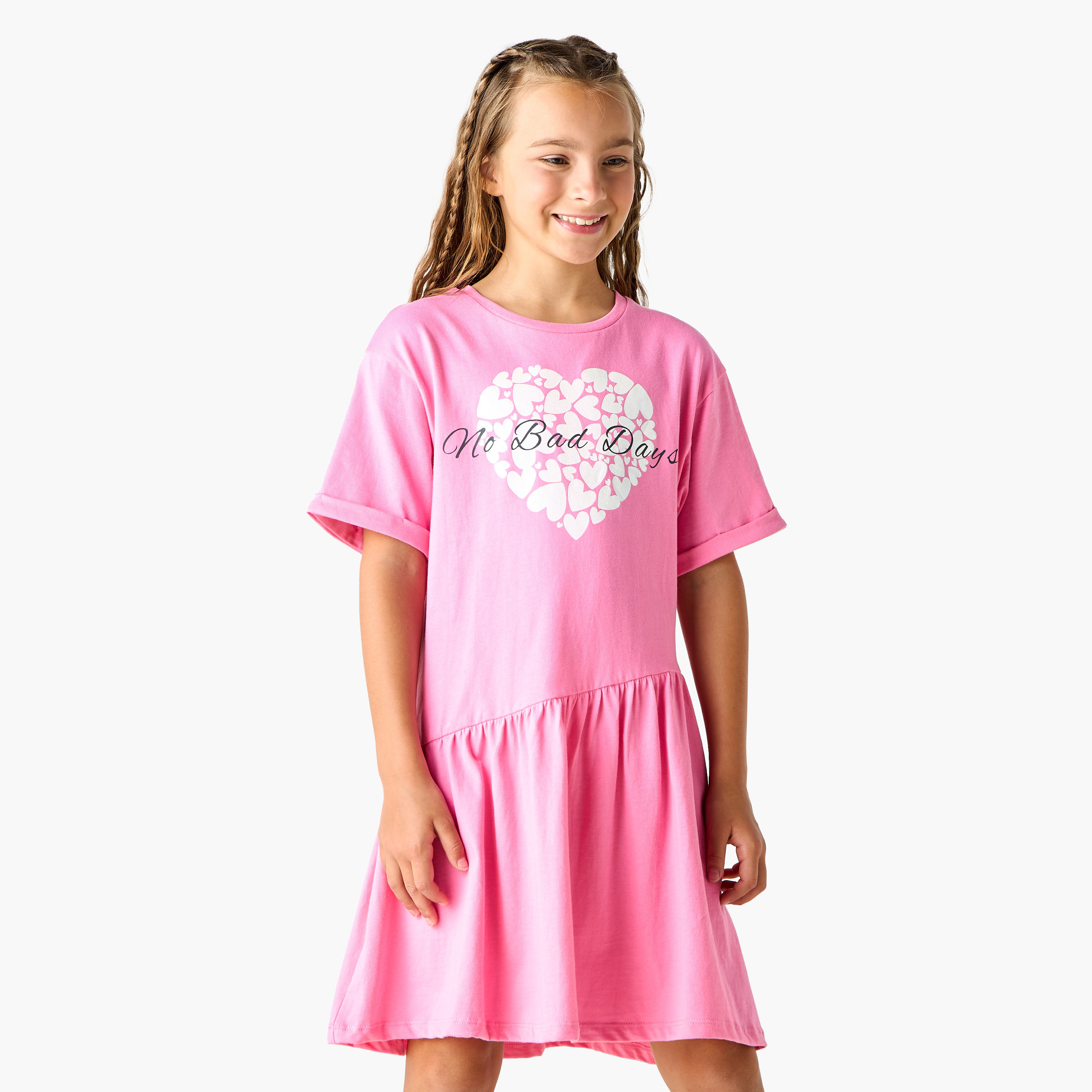 Juniors Heart Print A-line Dress with Round Neck and Short Sleeves-girls-clothing-dressesandjumpsuits-image-1