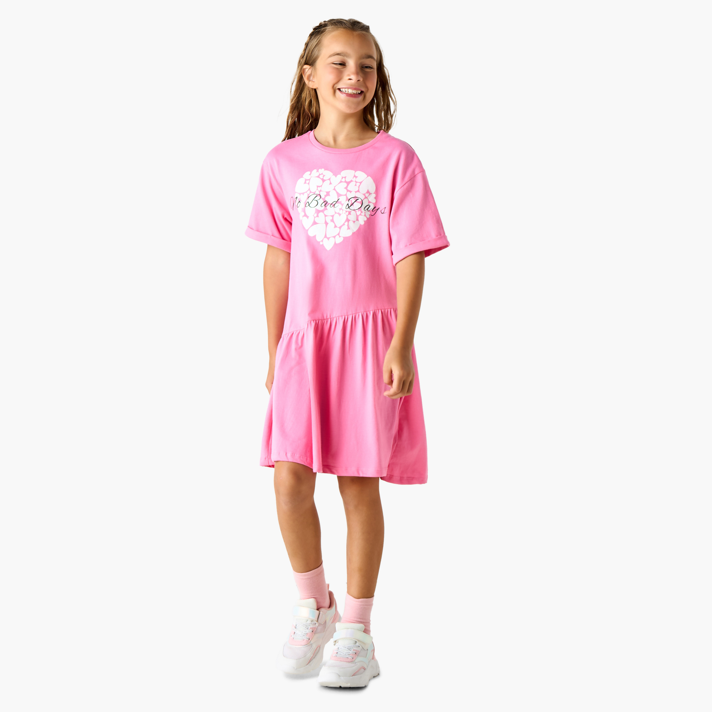 Juniors Heart Print A-line Dress with Round Neck and Short Sleeves-girls-clothing-dressesandjumpsuits-image-2