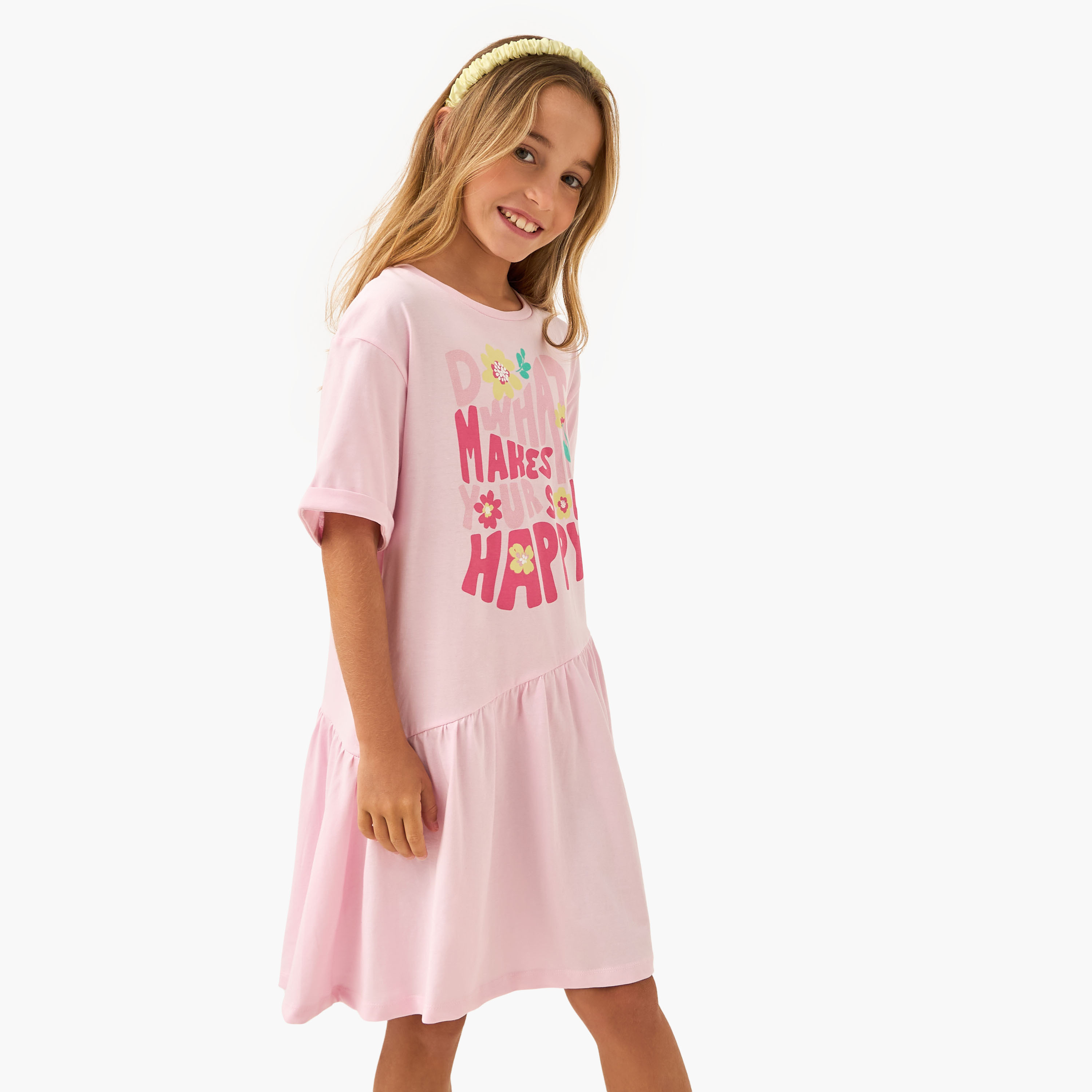 Juniors Slogan Print A-Line Dress with Drop Shoulder Sleeves-girls-clothing-dressesandjumpsuits-image-1