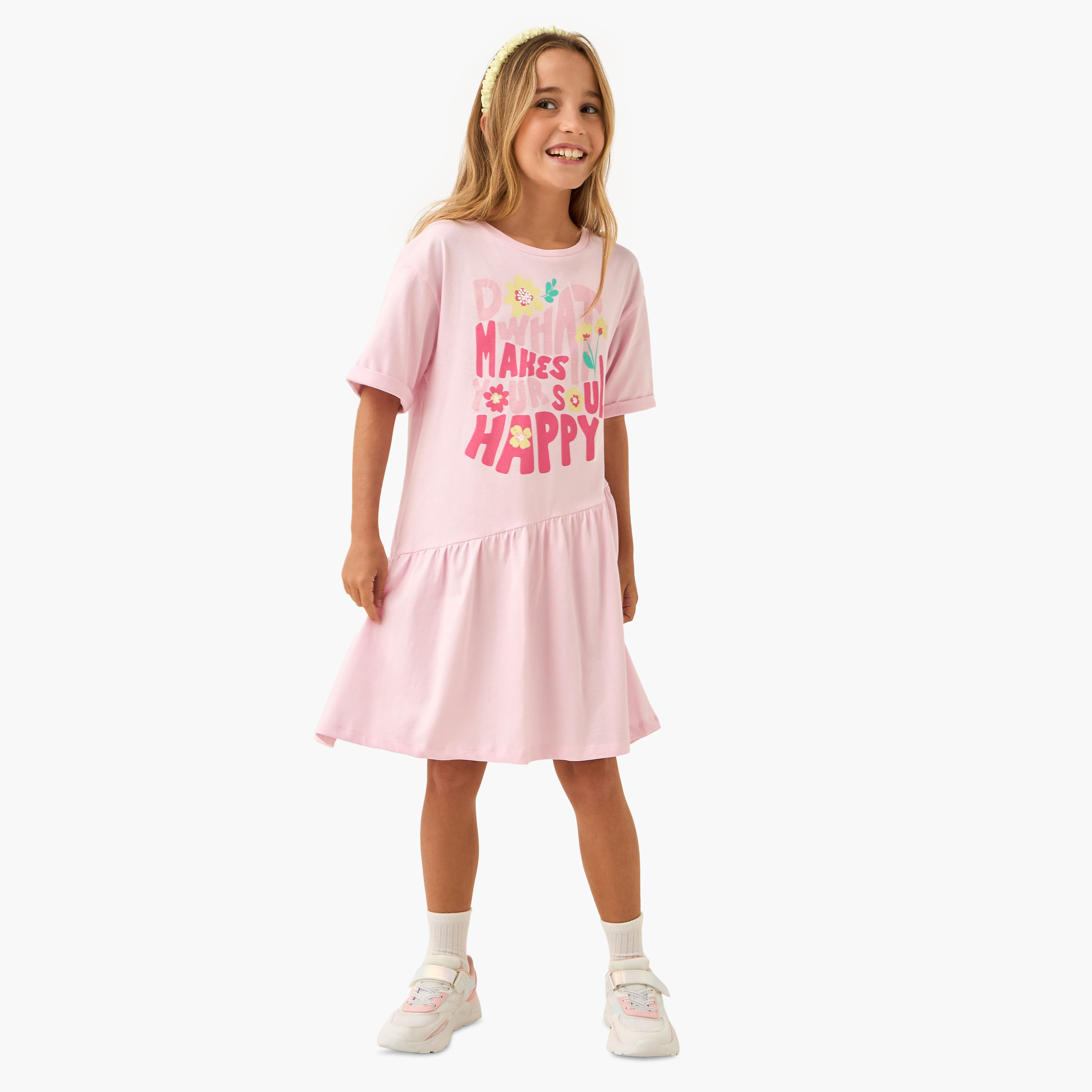 Juniors Slogan Print A-Line Dress with Drop Shoulder Sleeves-girls-clothing-dressesandjumpsuits-image-2