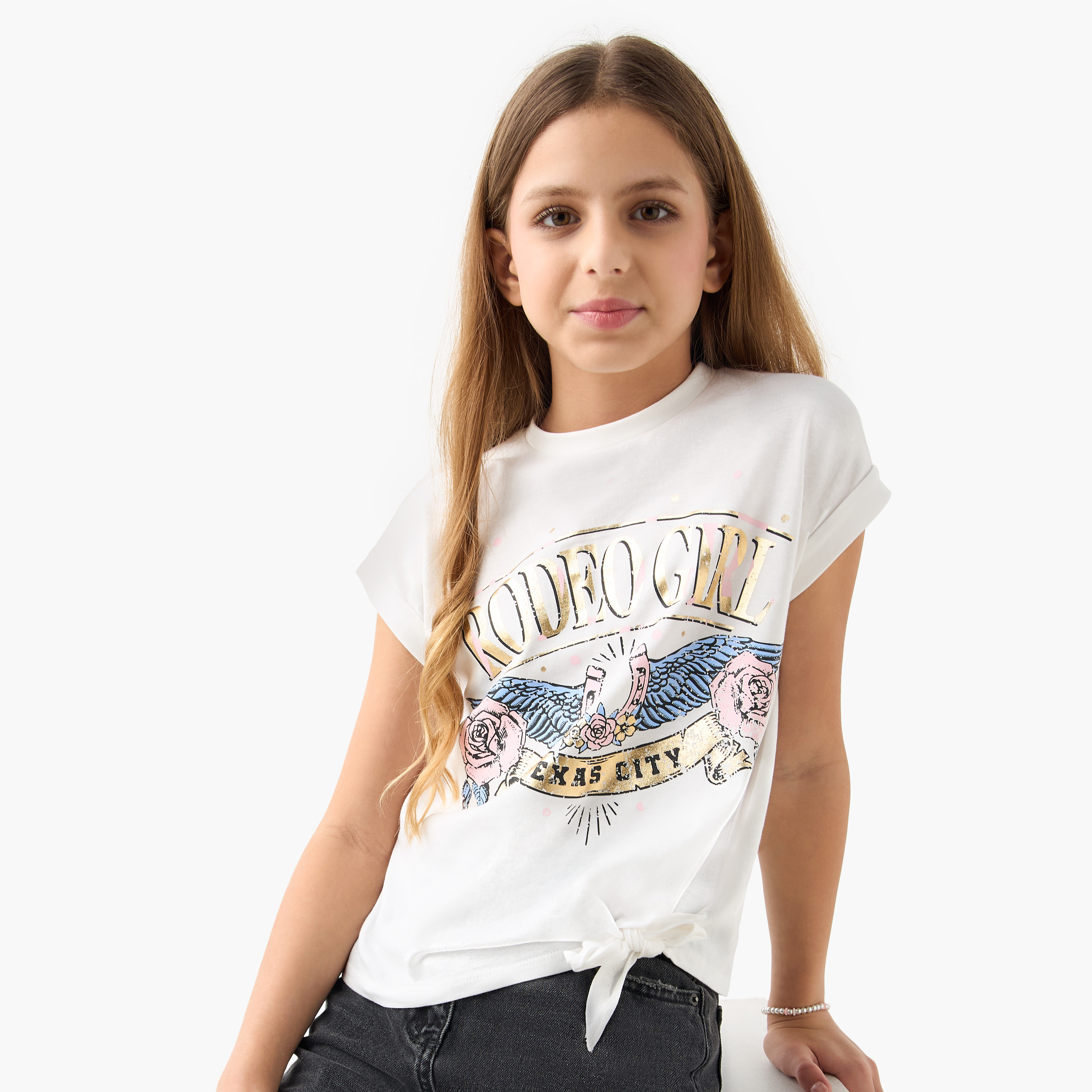 Juniors Graphic Print T-shirt with Short Sleeves and Knot Detail-girls-clothing-tshirts-image-1