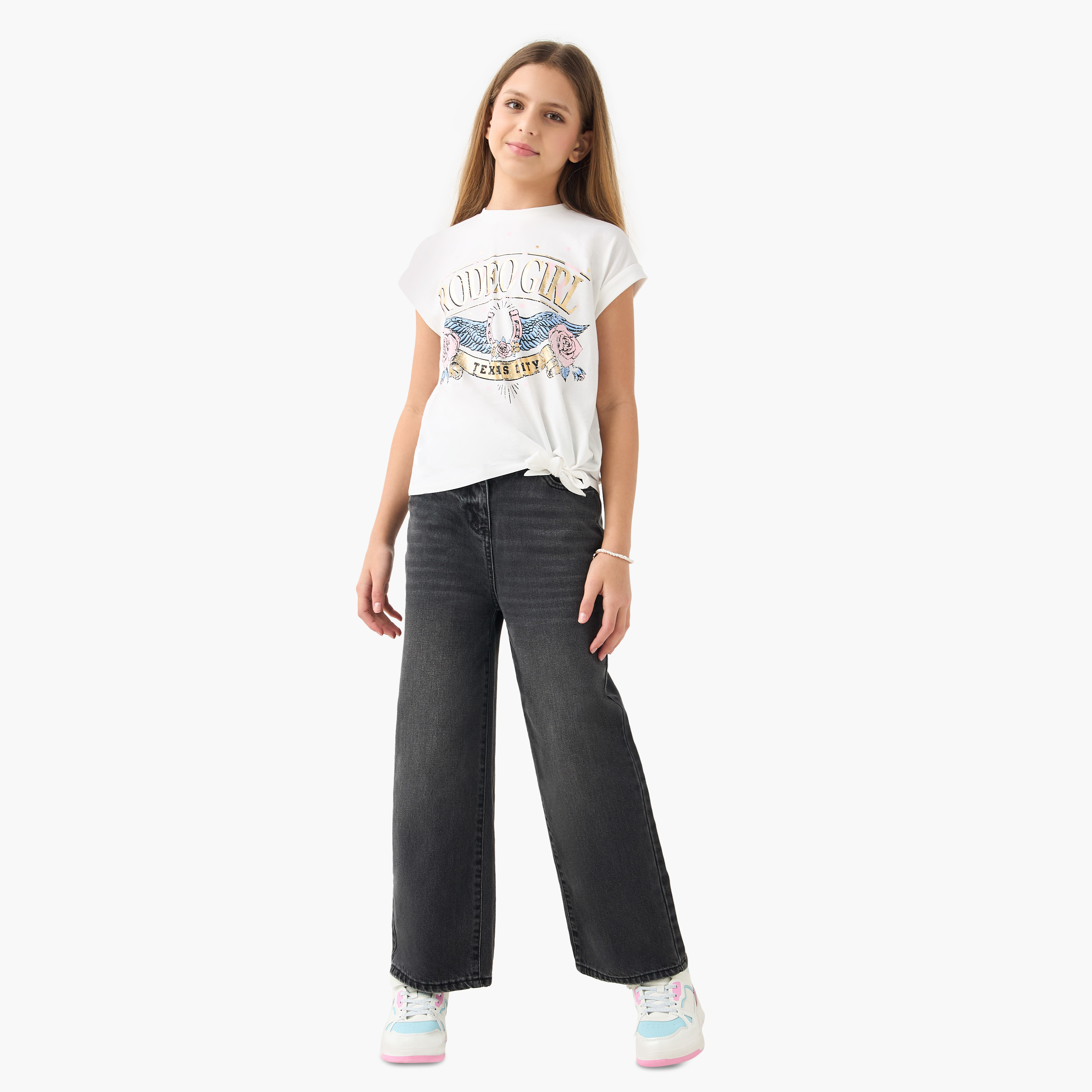 Juniors Graphic Print T-shirt with Short Sleeves and Knot Detail-girls-clothing-tshirts-image-2