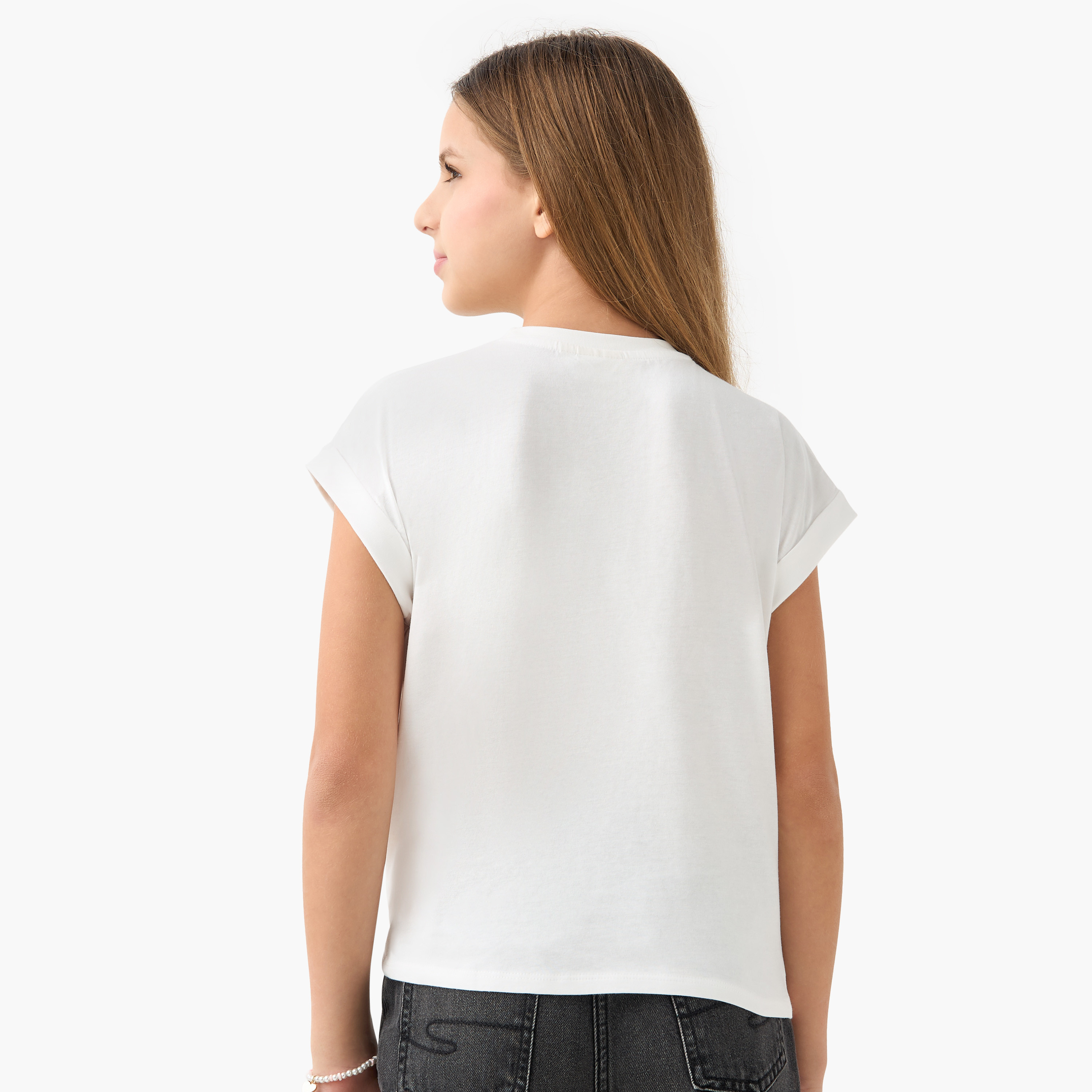 Juniors Graphic Print T-shirt with Short Sleeves and Knot Detail-girls-clothing-tshirts-image-3