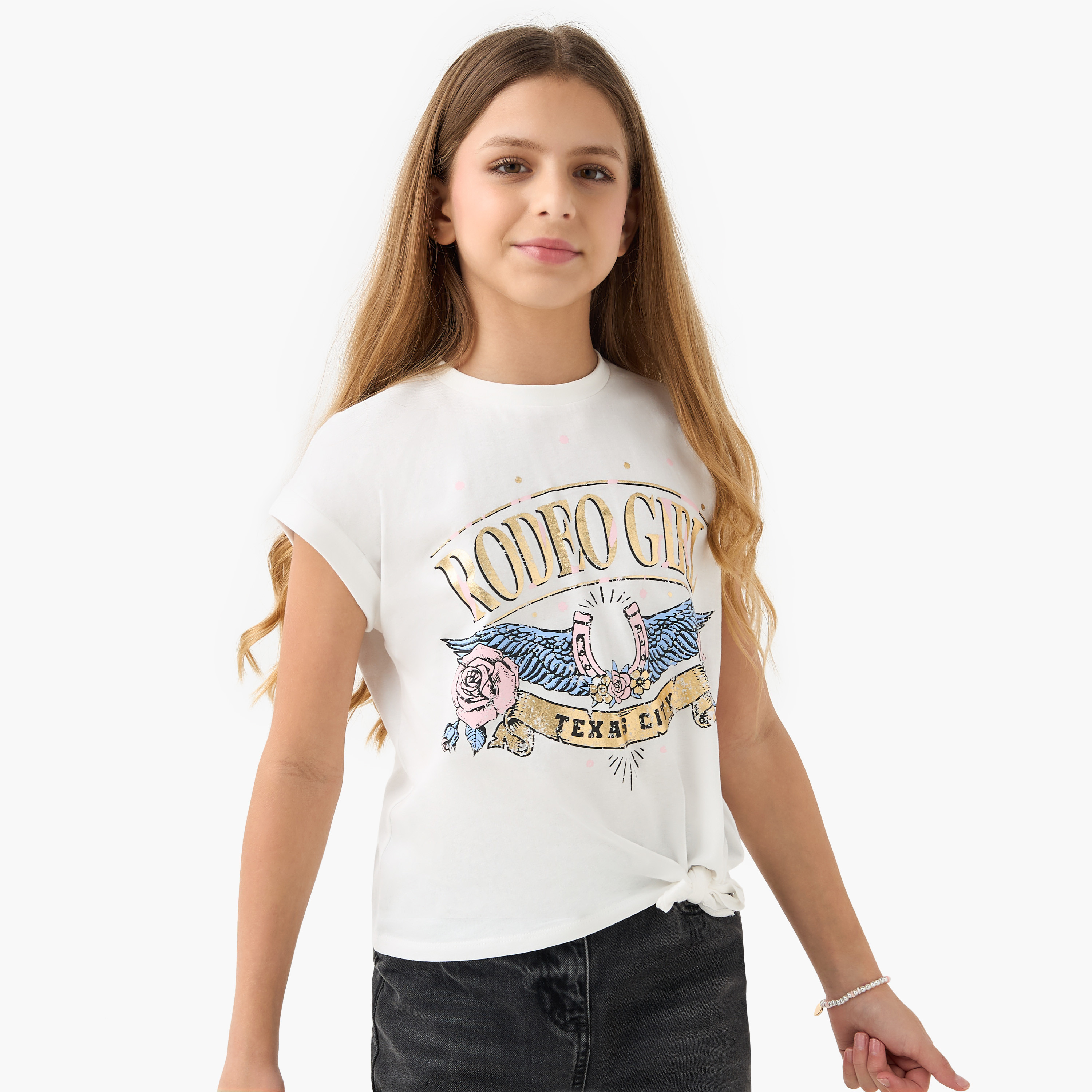 Juniors Graphic Print T-shirt with Short Sleeves and Knot Detail-girls-clothing-tshirts-image-4