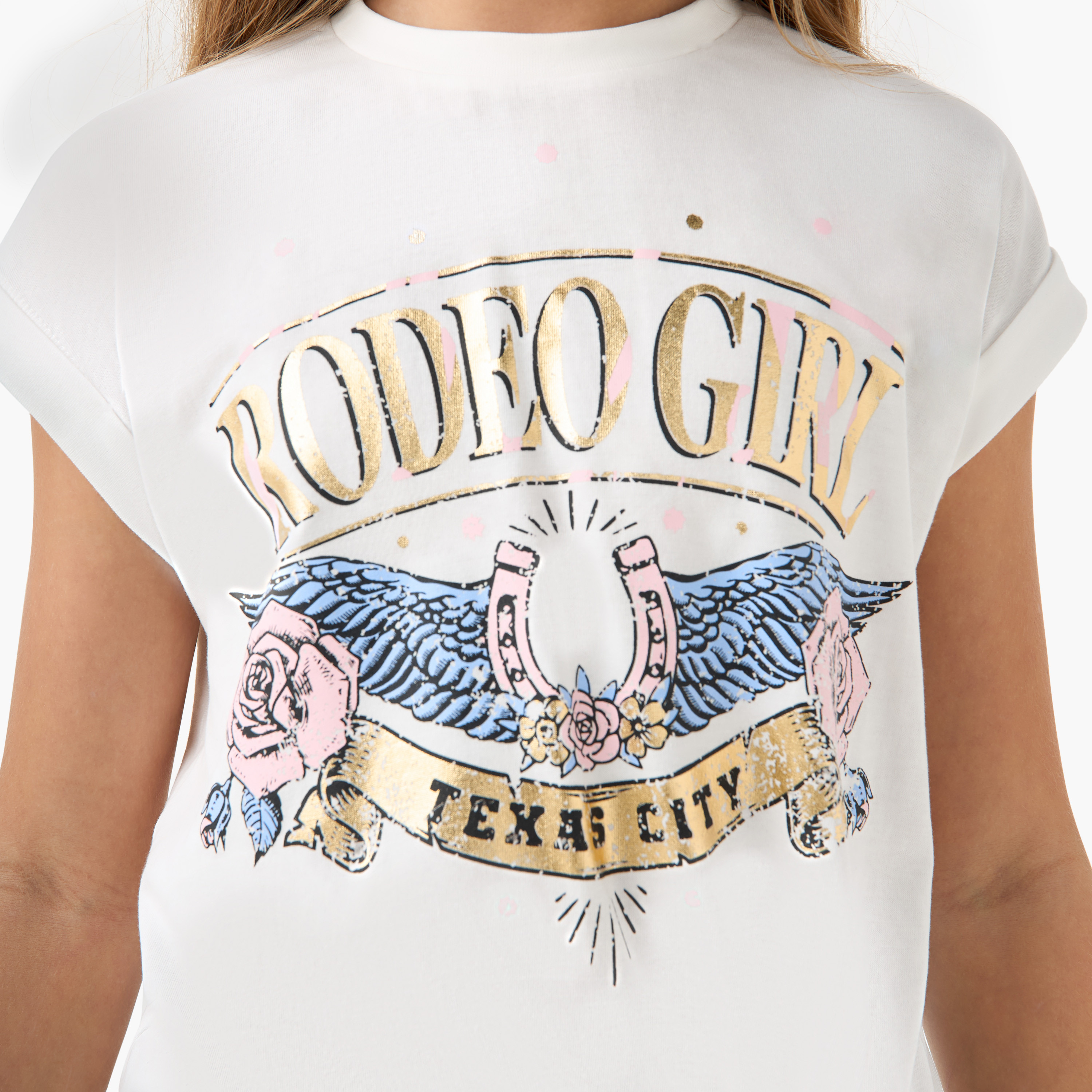 Juniors Graphic Print T-shirt with Short Sleeves and Knot Detail-girls-clothing-tshirts-image-5