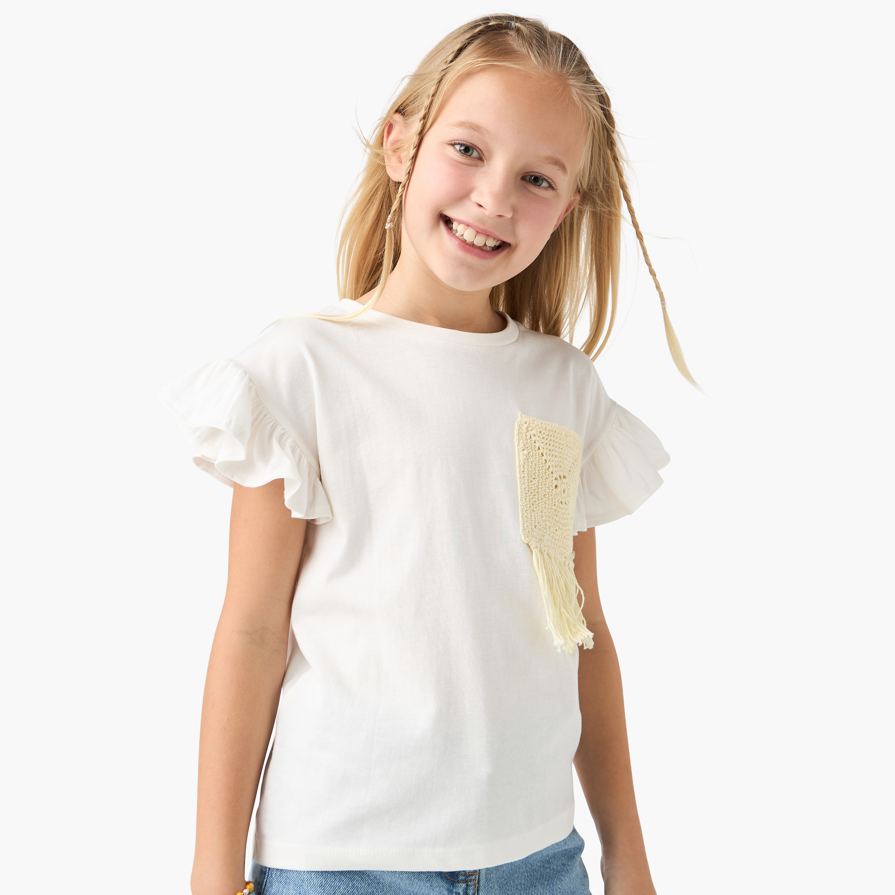 Juniors Crochet Detail T-shirt with Short Sleeves-girls-clothing-tshirts-image-1