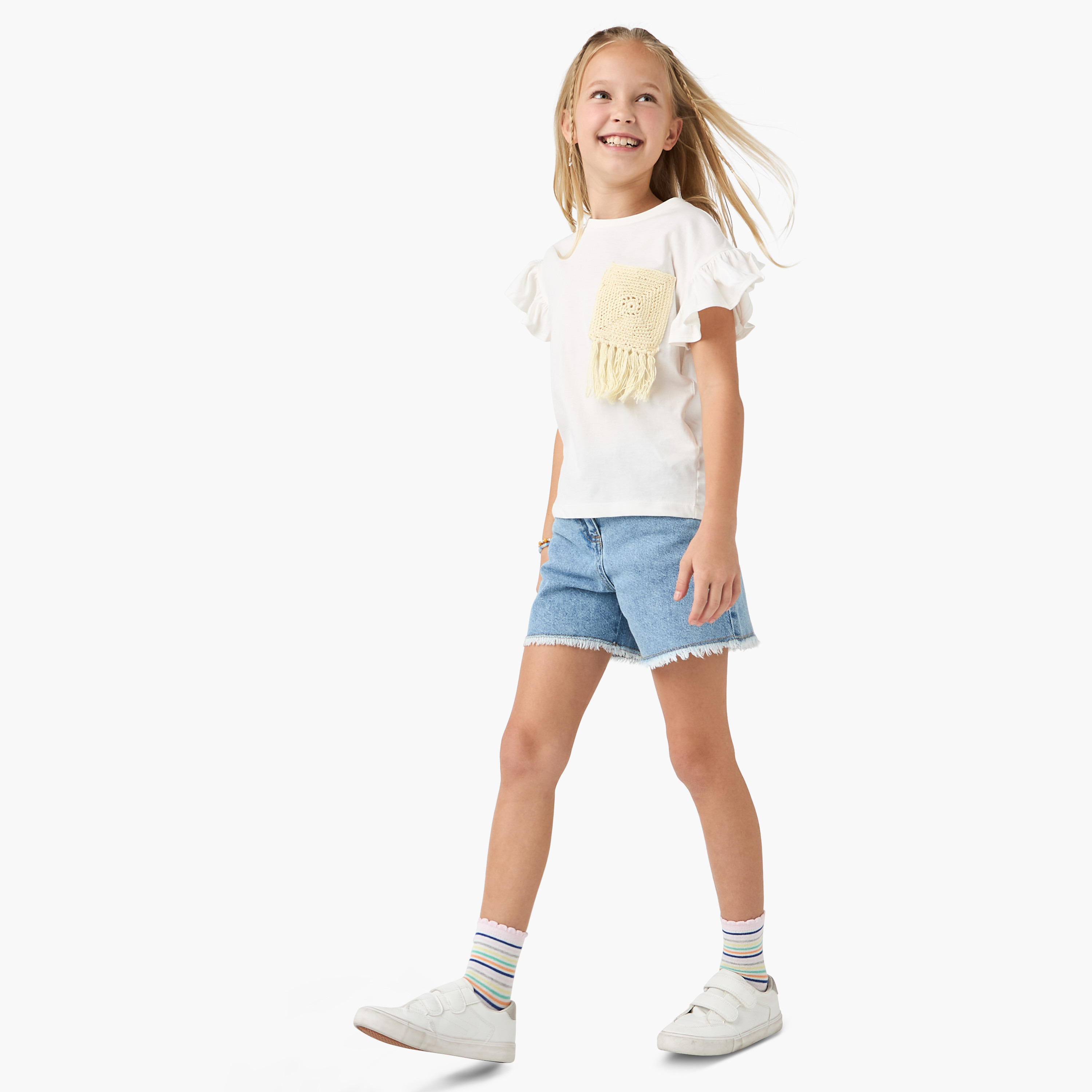 Juniors Crochet Detail T-shirt with Short Sleeves-girls-clothing-tshirts-image-2