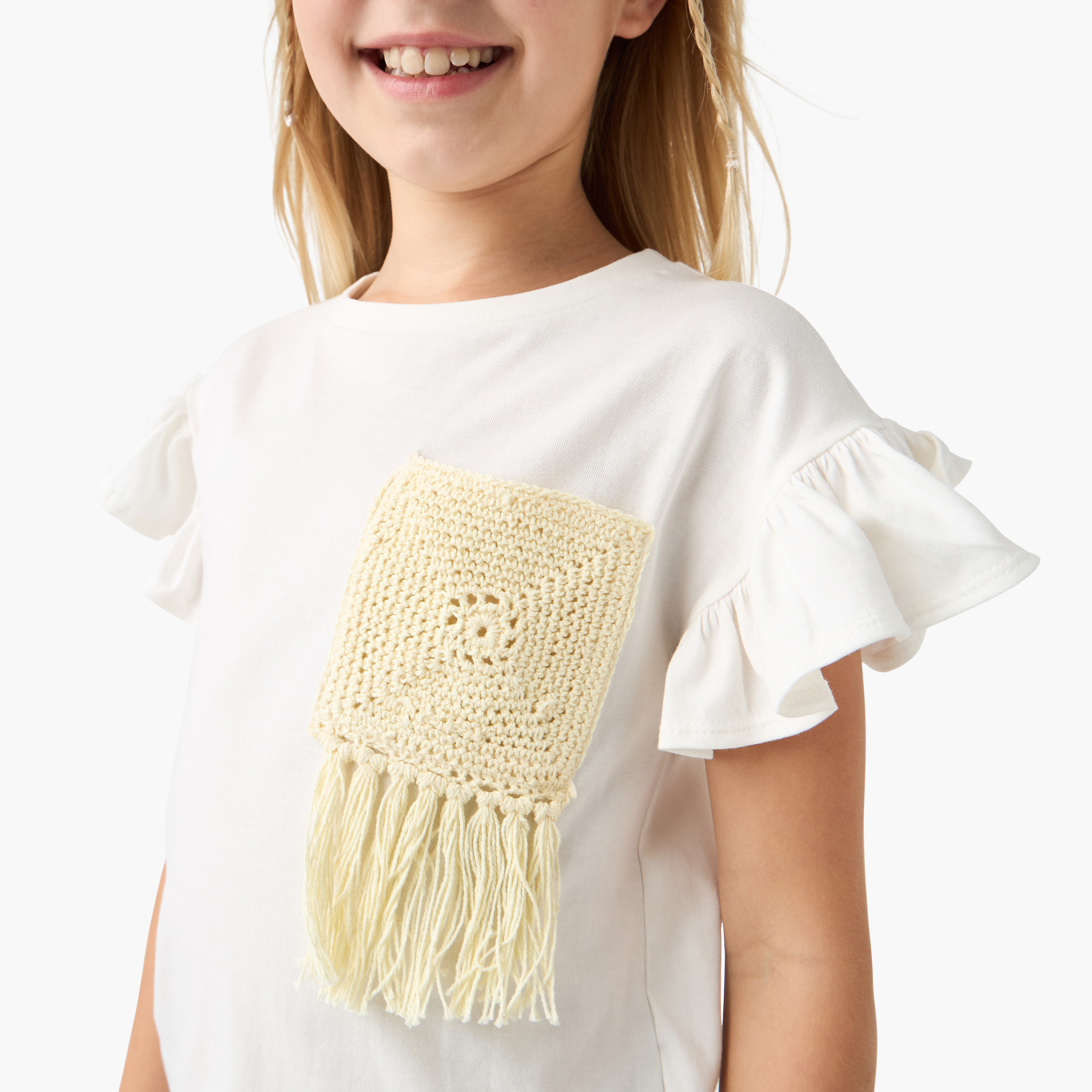 Juniors Crochet Detail T-shirt with Short Sleeves-girls-clothing-tshirts-image-4