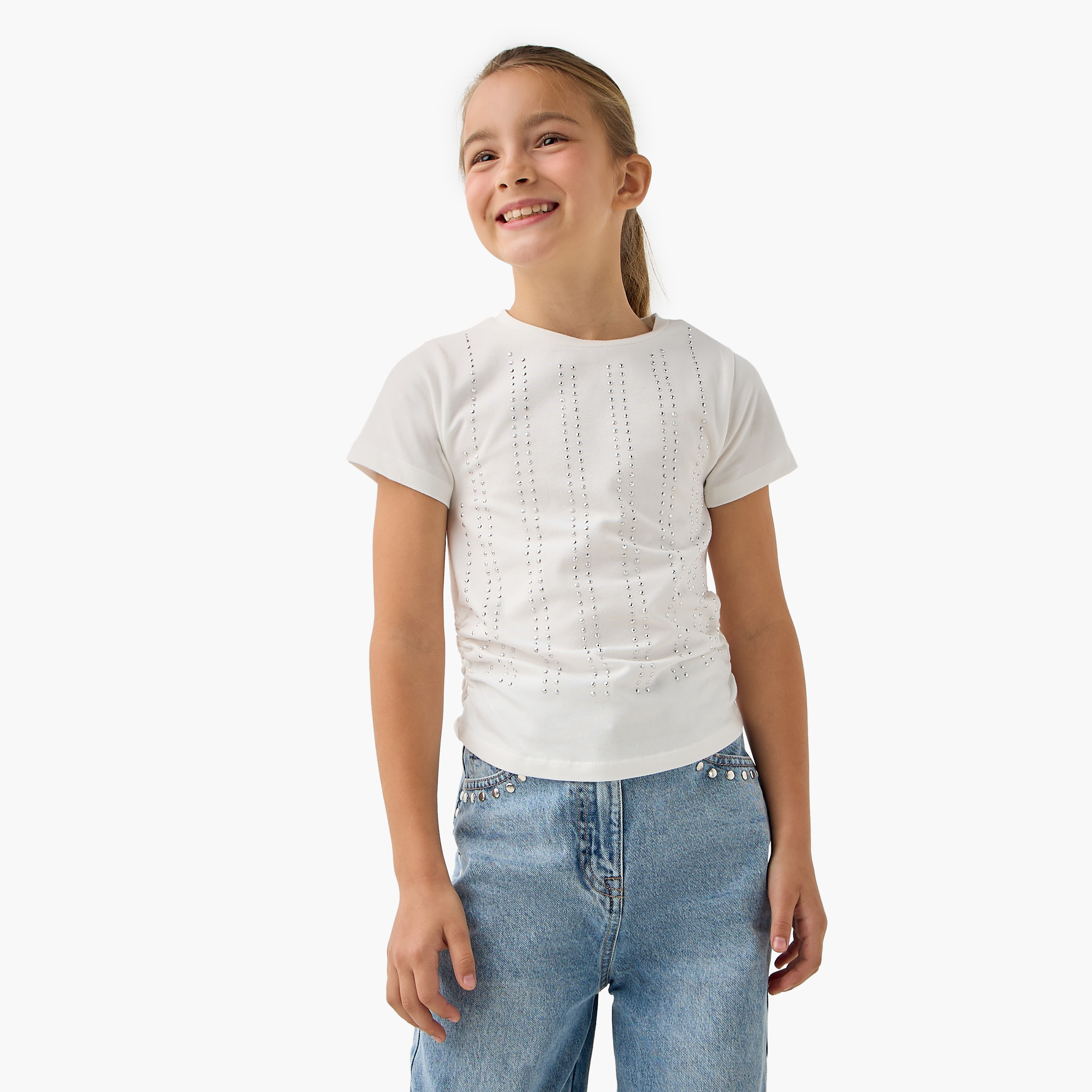 Juniors Embellished Crew Neck T-shirt with Short Sleeves-girls-clothing-tshirts-image-1