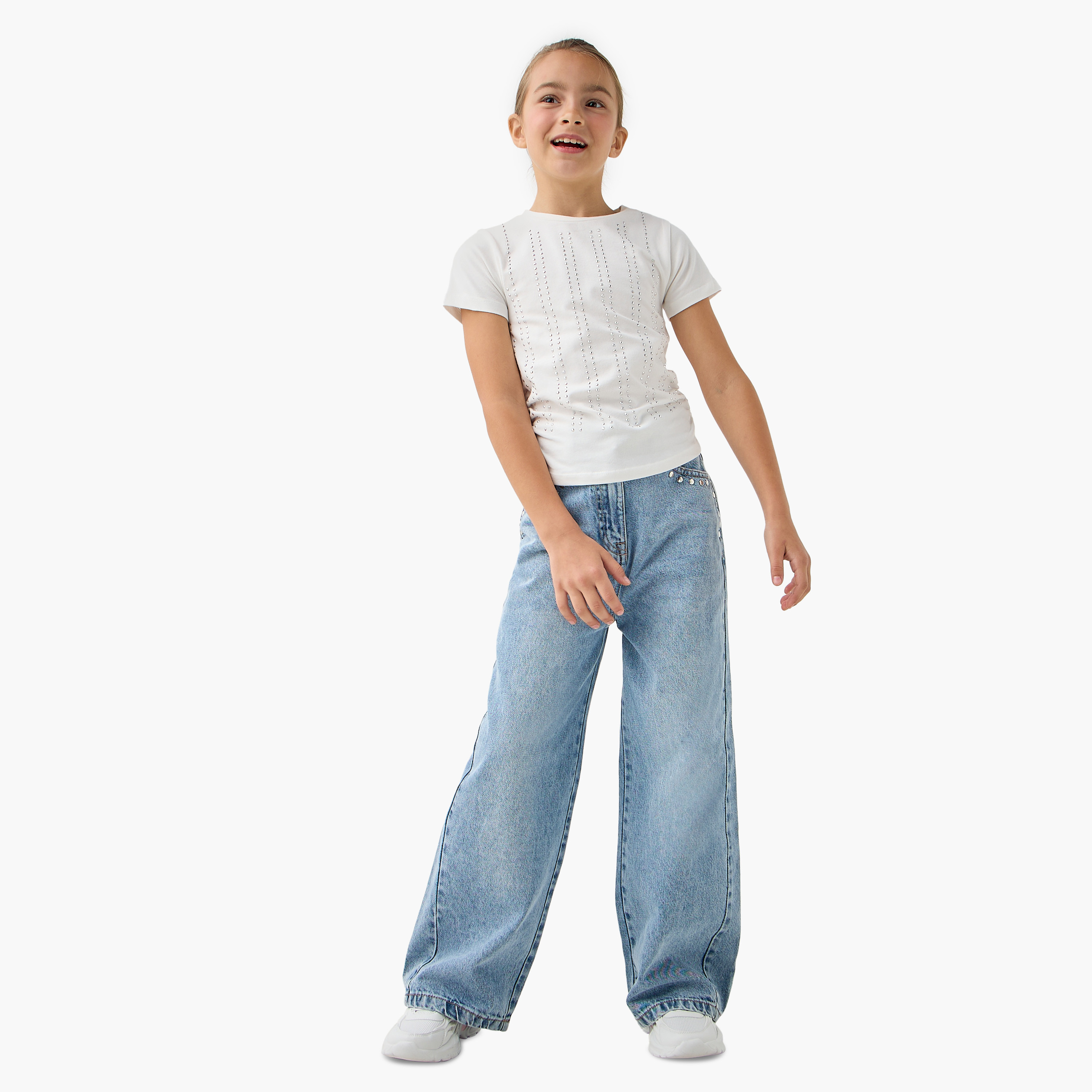Juniors Embellished Crew Neck T-shirt with Short Sleeves-girls-clothing-tshirts-image-2