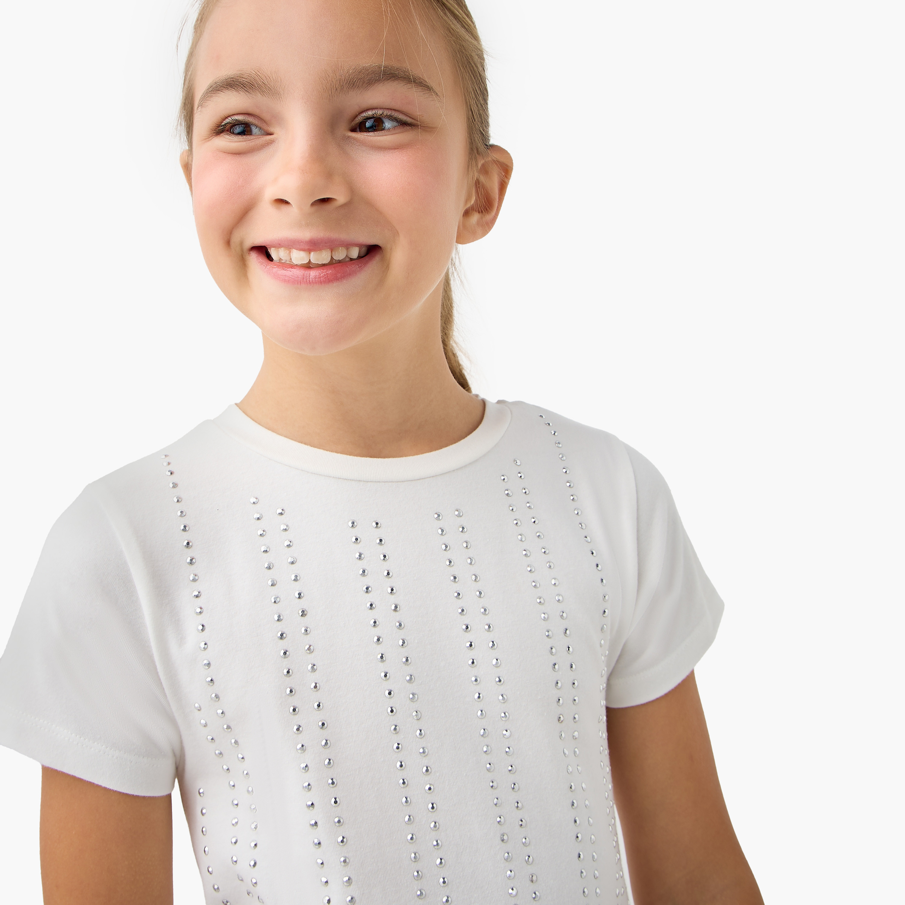 Juniors Embellished Crew Neck T-shirt with Short Sleeves-girls-clothing-tshirts-image-4