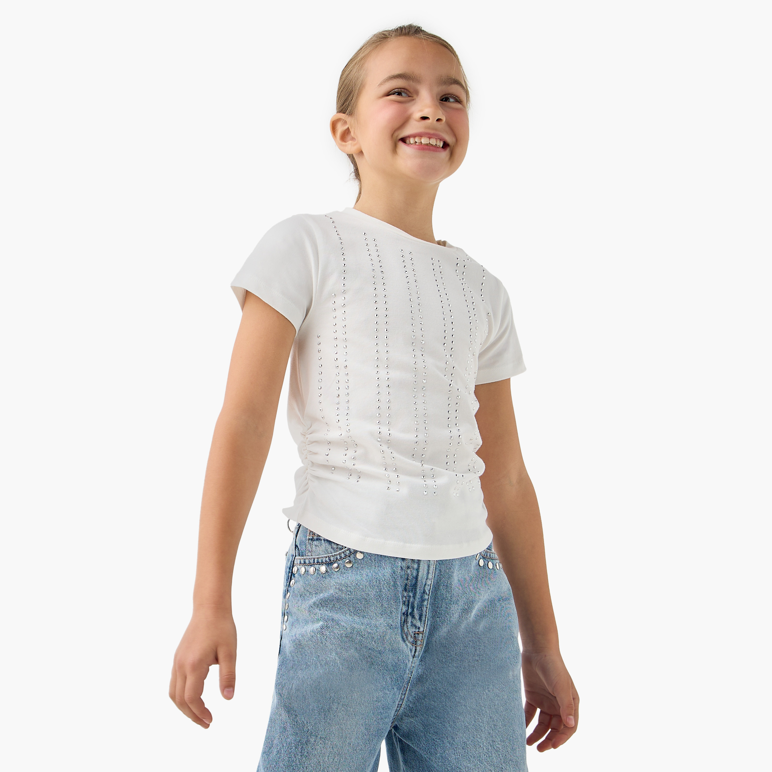 Juniors Embellished Crew Neck T-shirt with Short Sleeves-girls-clothing-tshirts-image-6