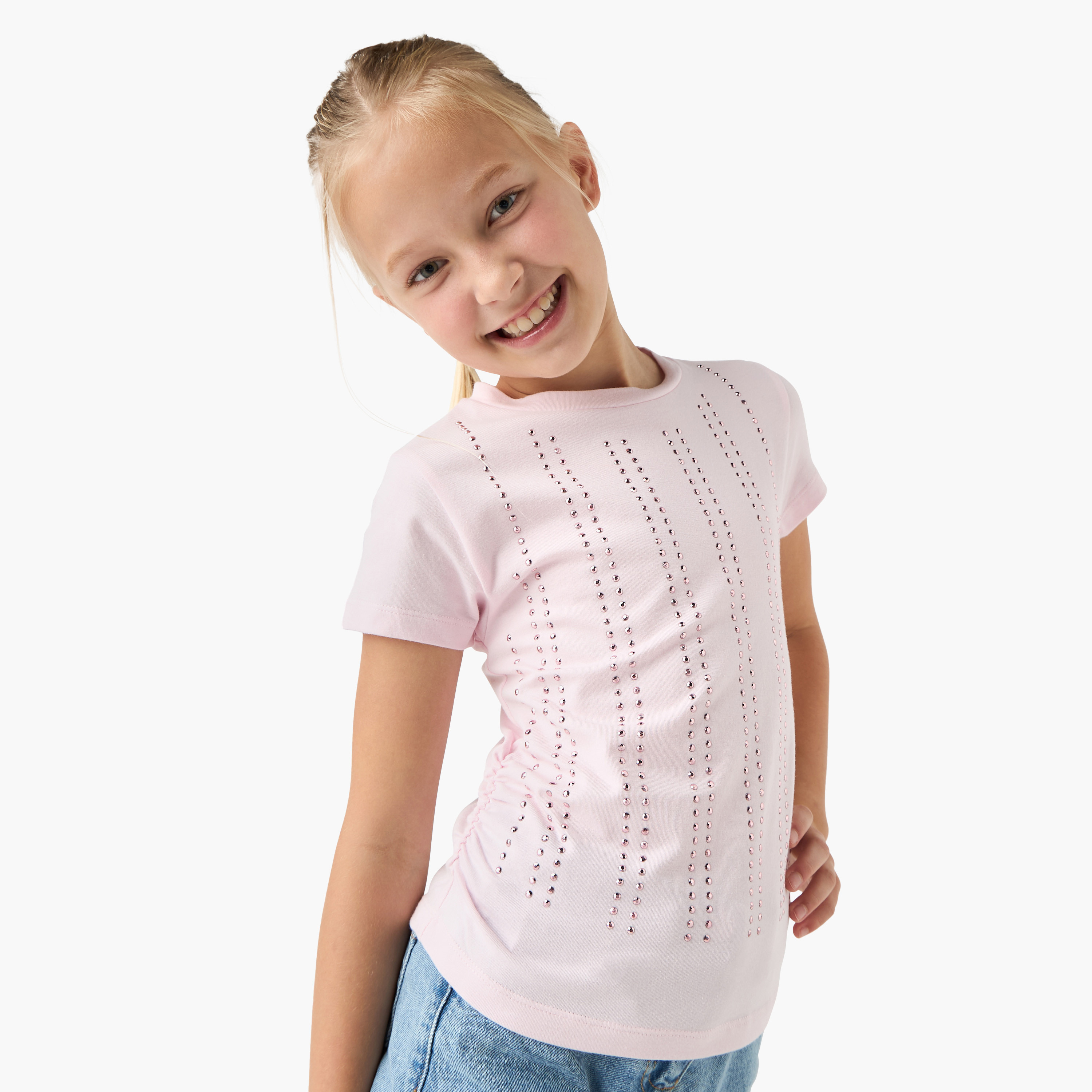 Juniors Embellished Crew Neck T-shirt with Short Sleeves-girls-clothing-tshirts-image-1
