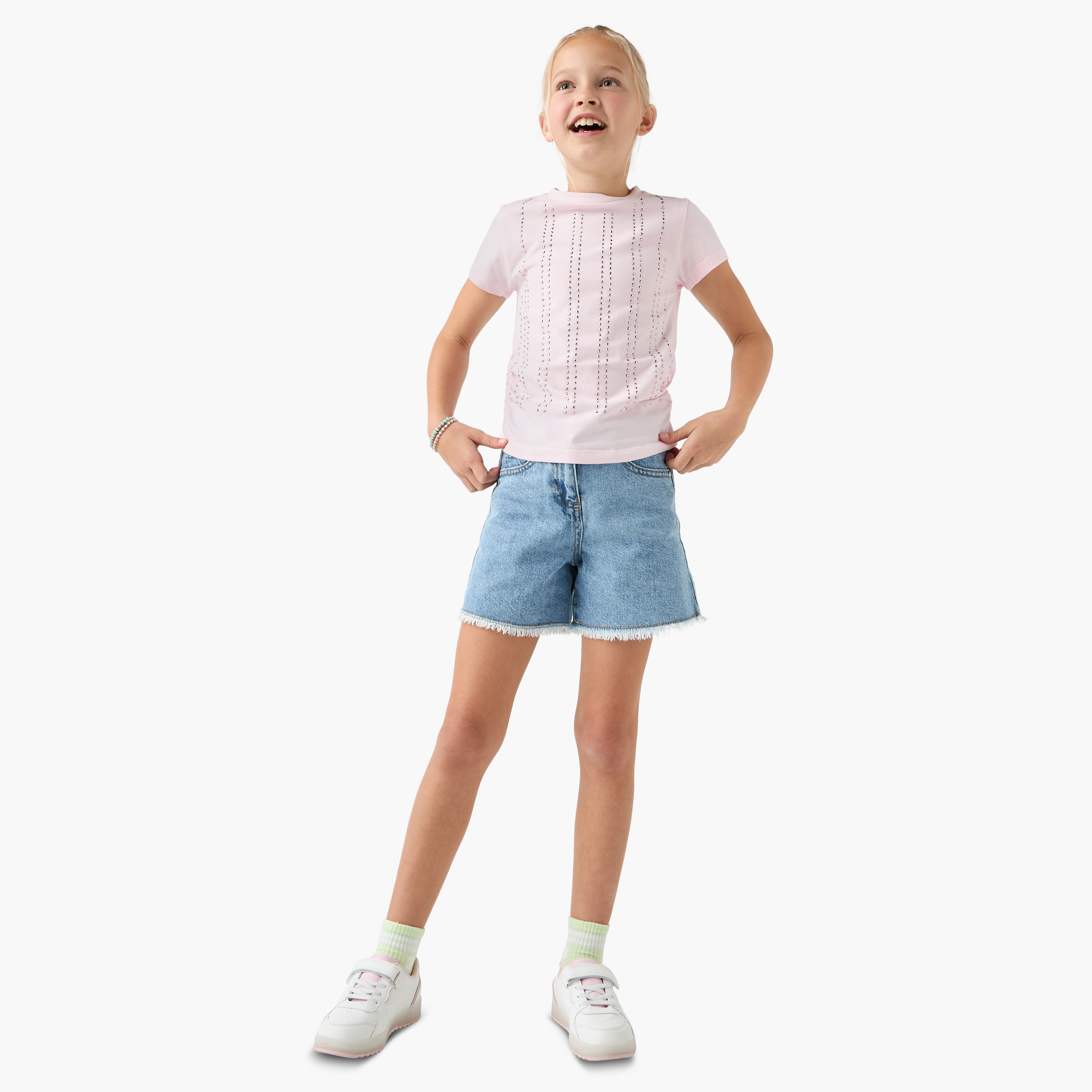 Juniors Embellished Crew Neck T-shirt with Short Sleeves-girls-clothing-tshirts-image-2