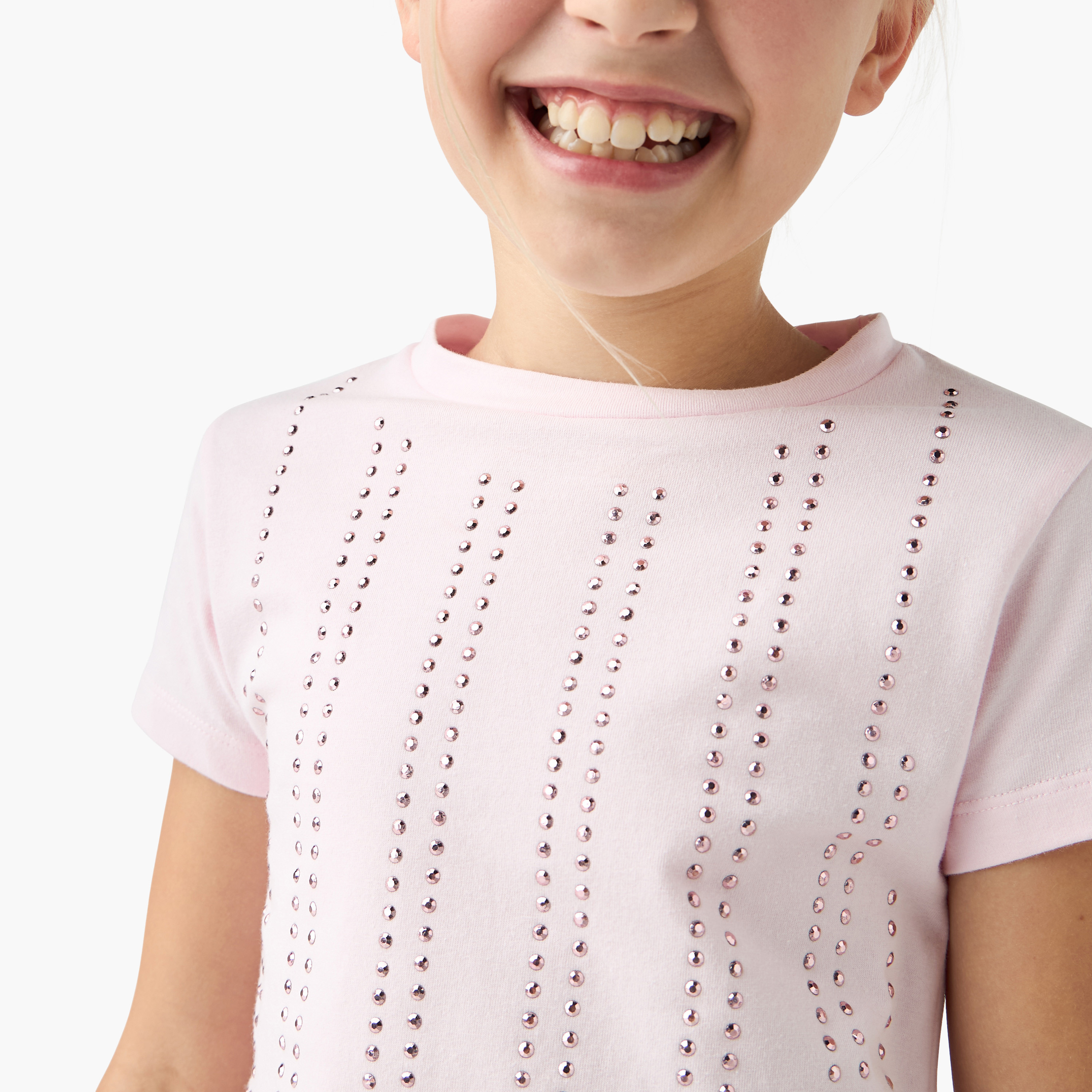 Juniors Embellished Crew Neck T-shirt with Short Sleeves-girls-clothing-tshirts-image-4