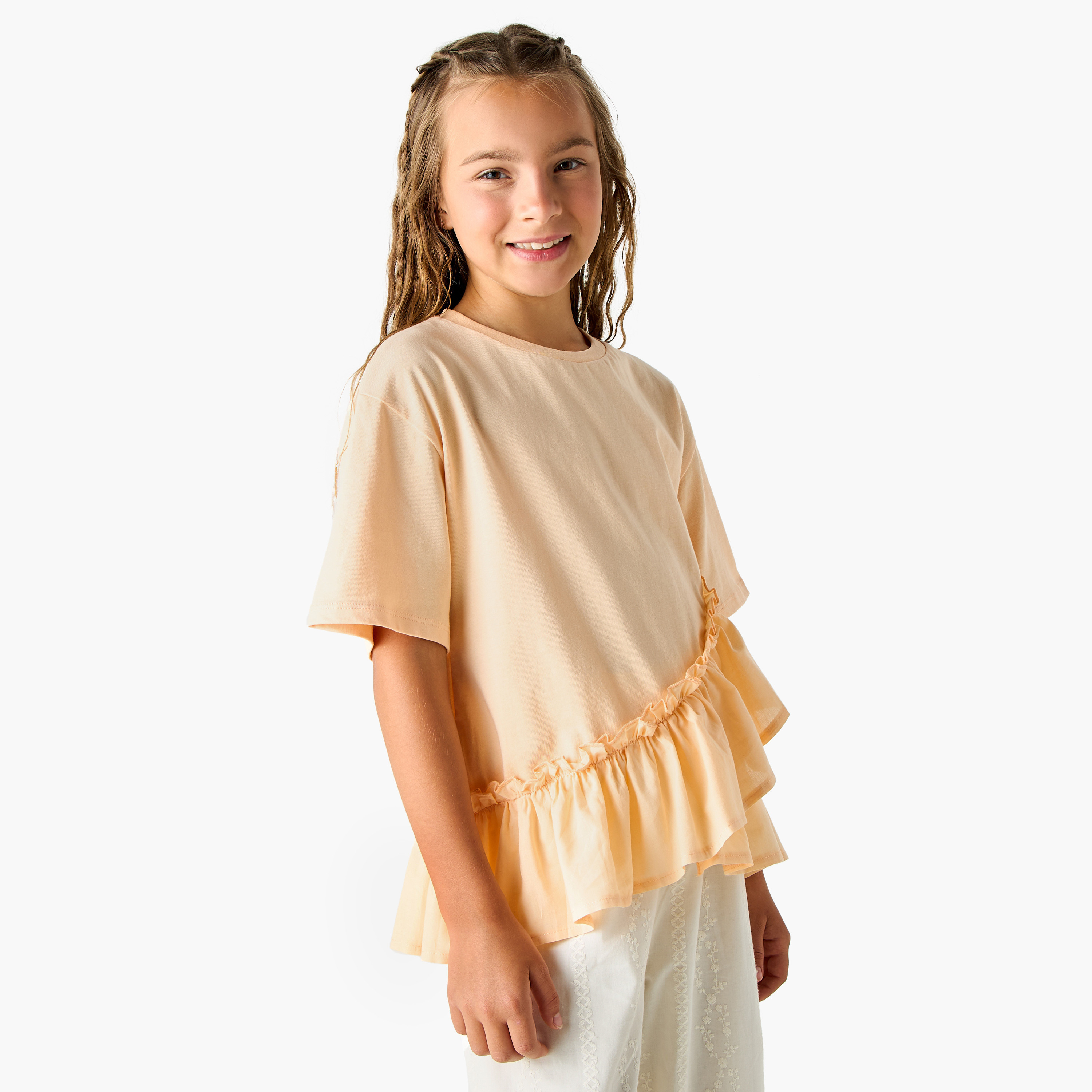 Juniors Solid Crew Neck Top with Ruffle Detail-girls-clothing-tshirts-image-1