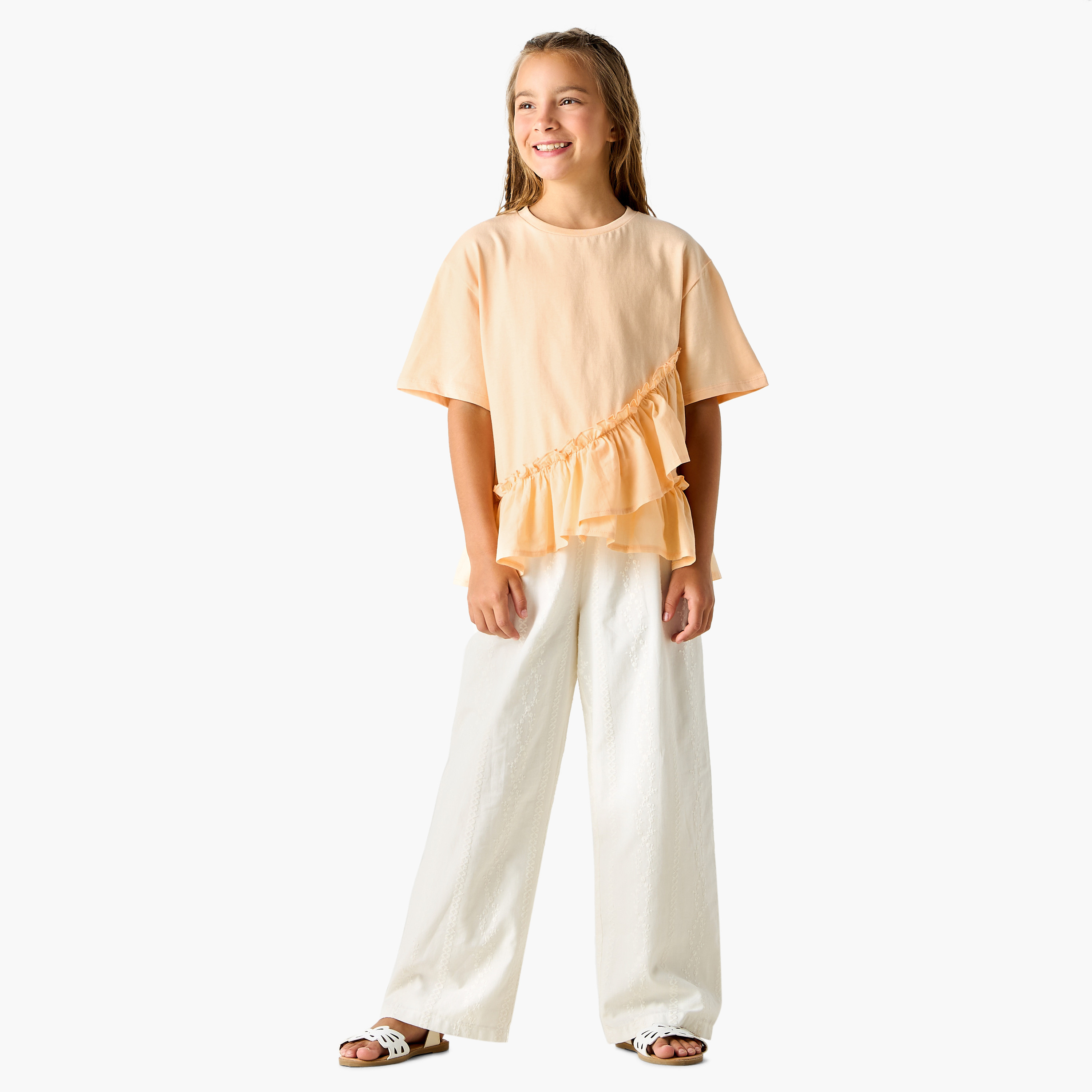 Juniors Solid Crew Neck Top with Ruffle Detail-girls-clothing-tshirts-image-2