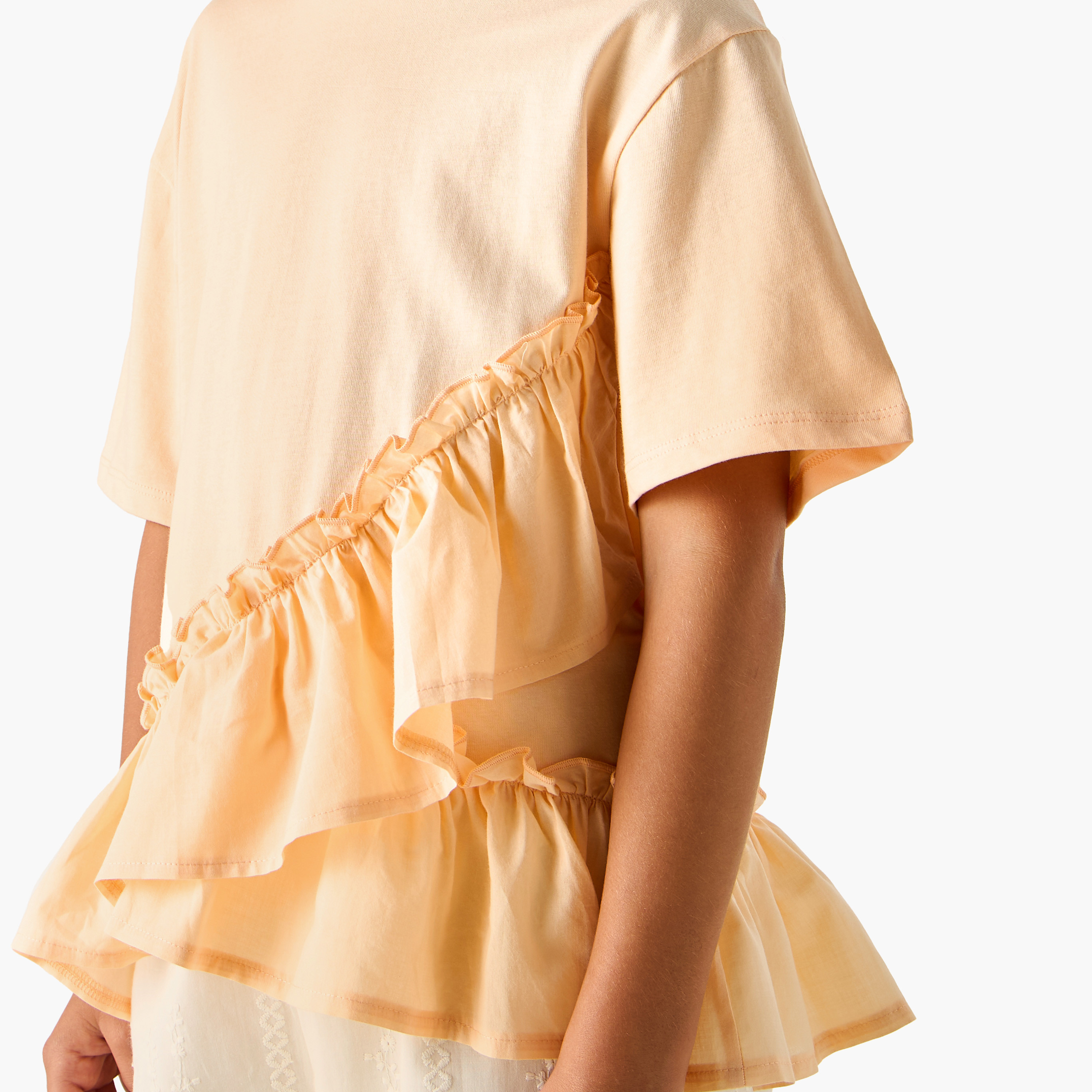 Juniors Solid Crew Neck Top with Ruffle Detail-girls-clothing-tshirts-image-3