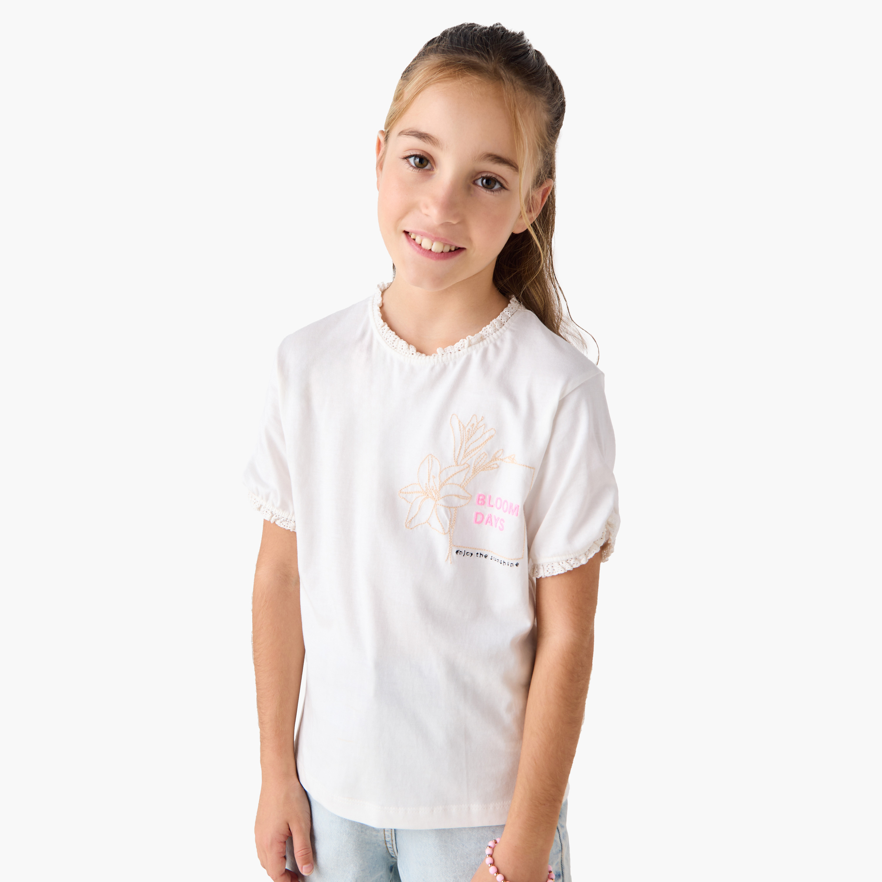 Juniors Embroidered T-shirt with Round Neck and Lace Trim-girls-clothing-tshirts-image-1