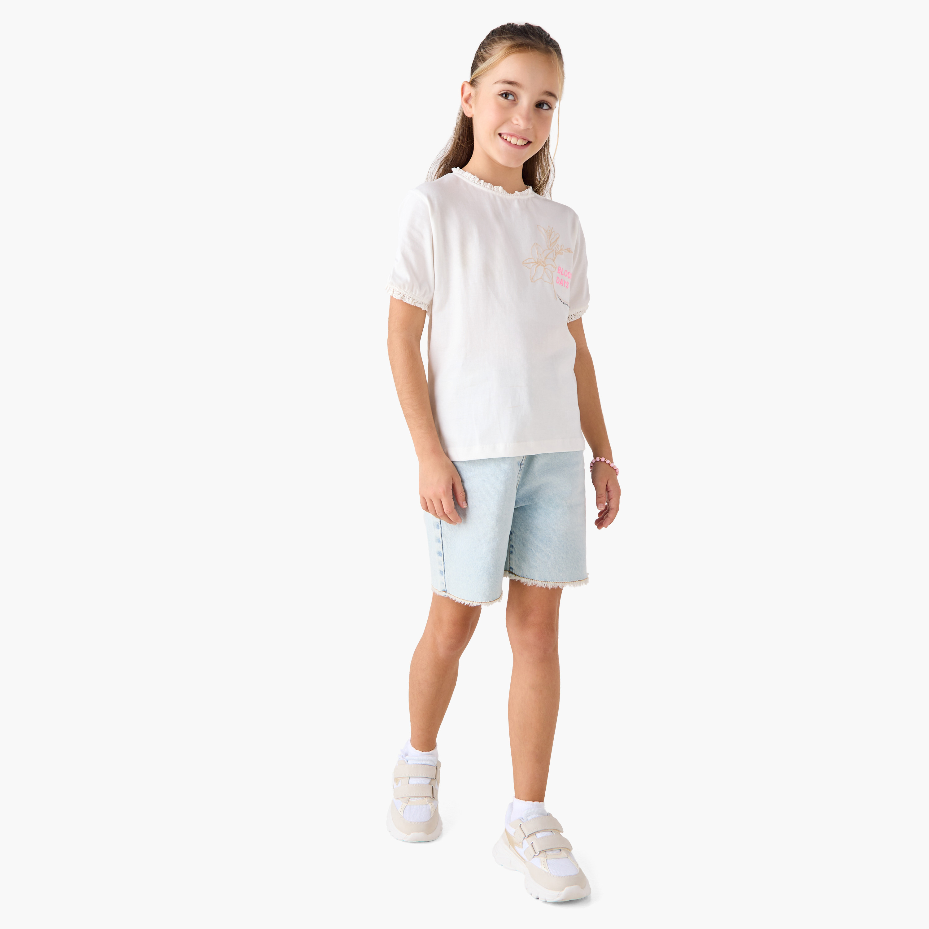 Juniors Embroidered T-shirt with Round Neck and Lace Trim-girls-clothing-tshirts-image-2