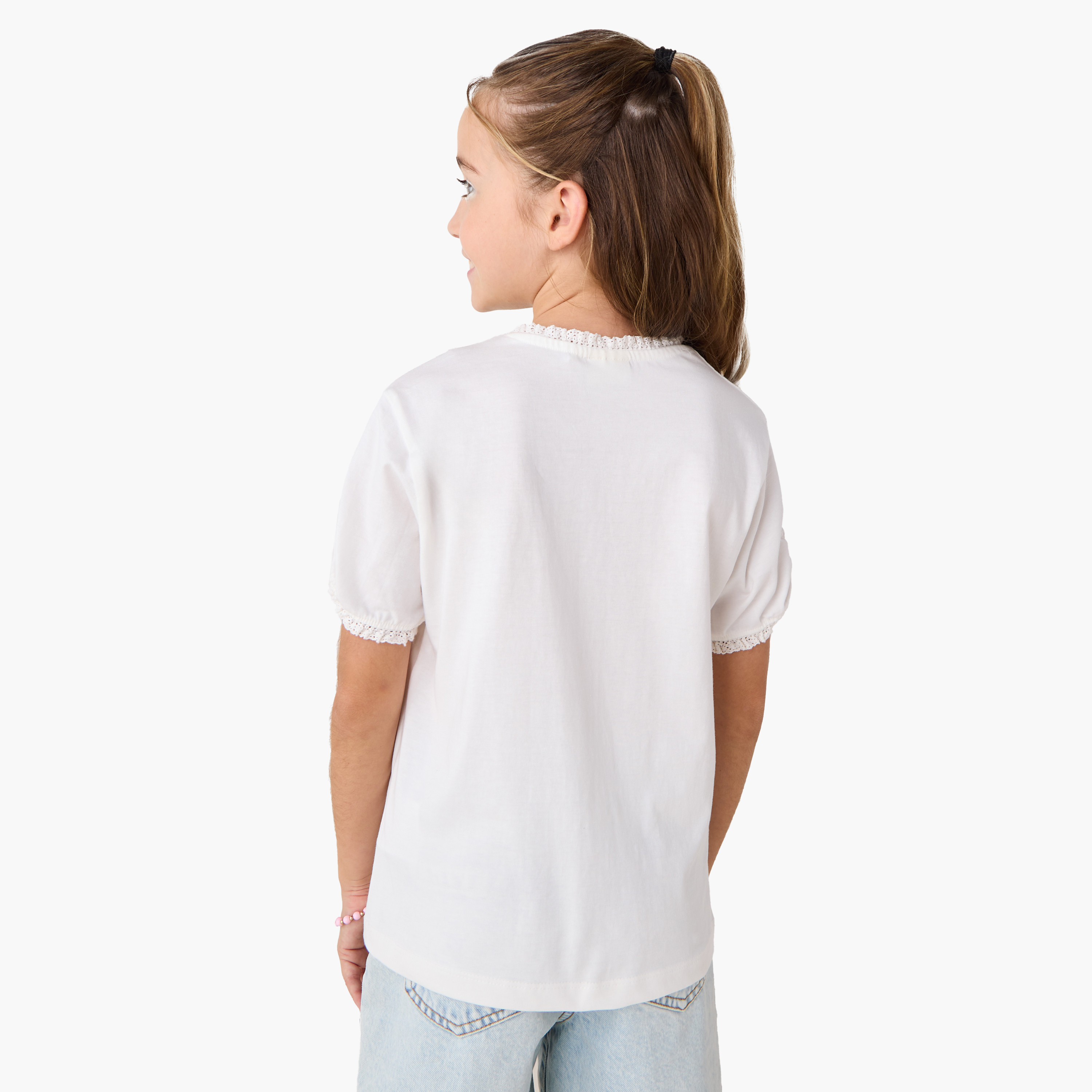 Juniors Embroidered T-shirt with Round Neck and Lace Trim-girls-clothing-tshirts-image-3