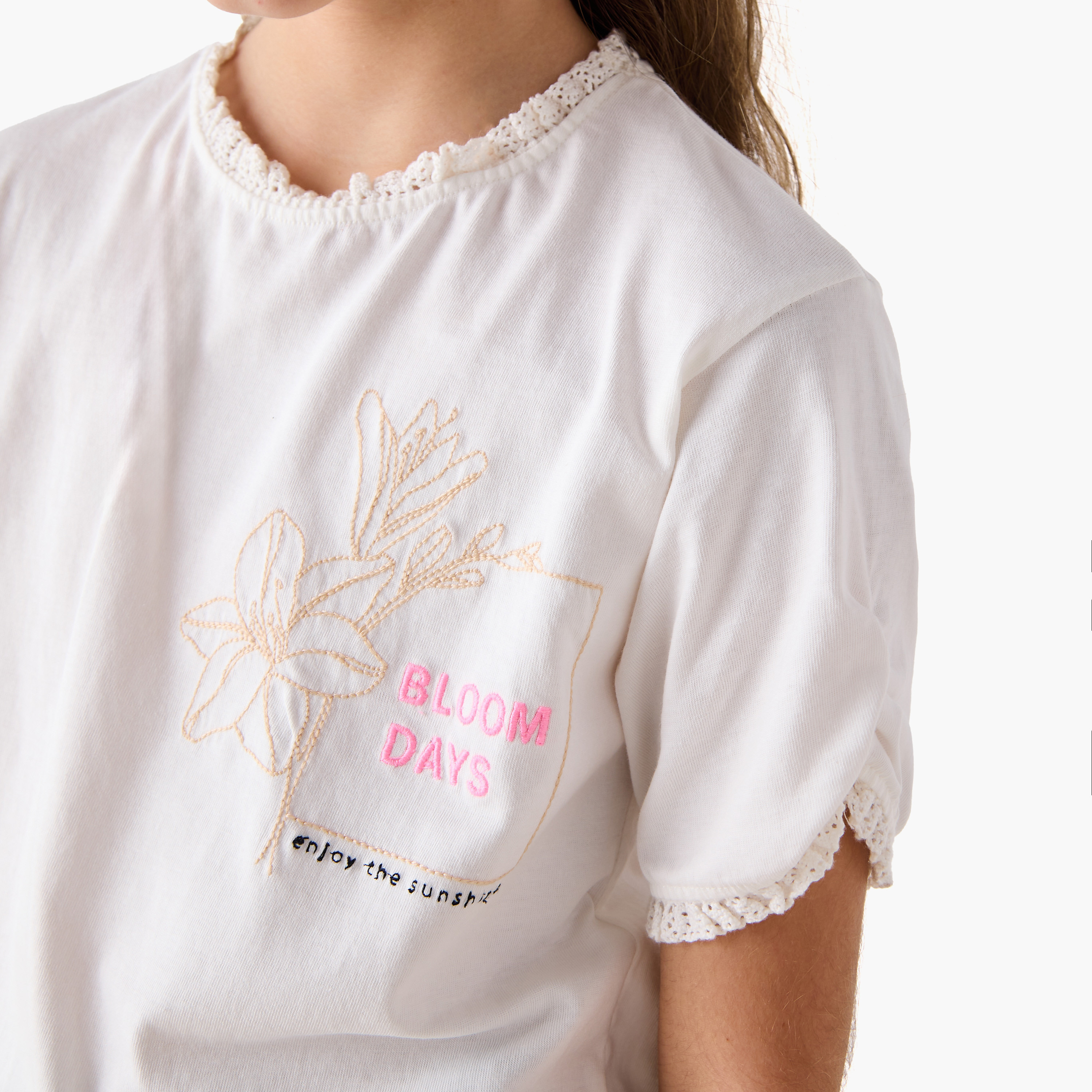 Juniors Embroidered T-shirt with Round Neck and Lace Trim-girls-clothing-tshirts-image-4