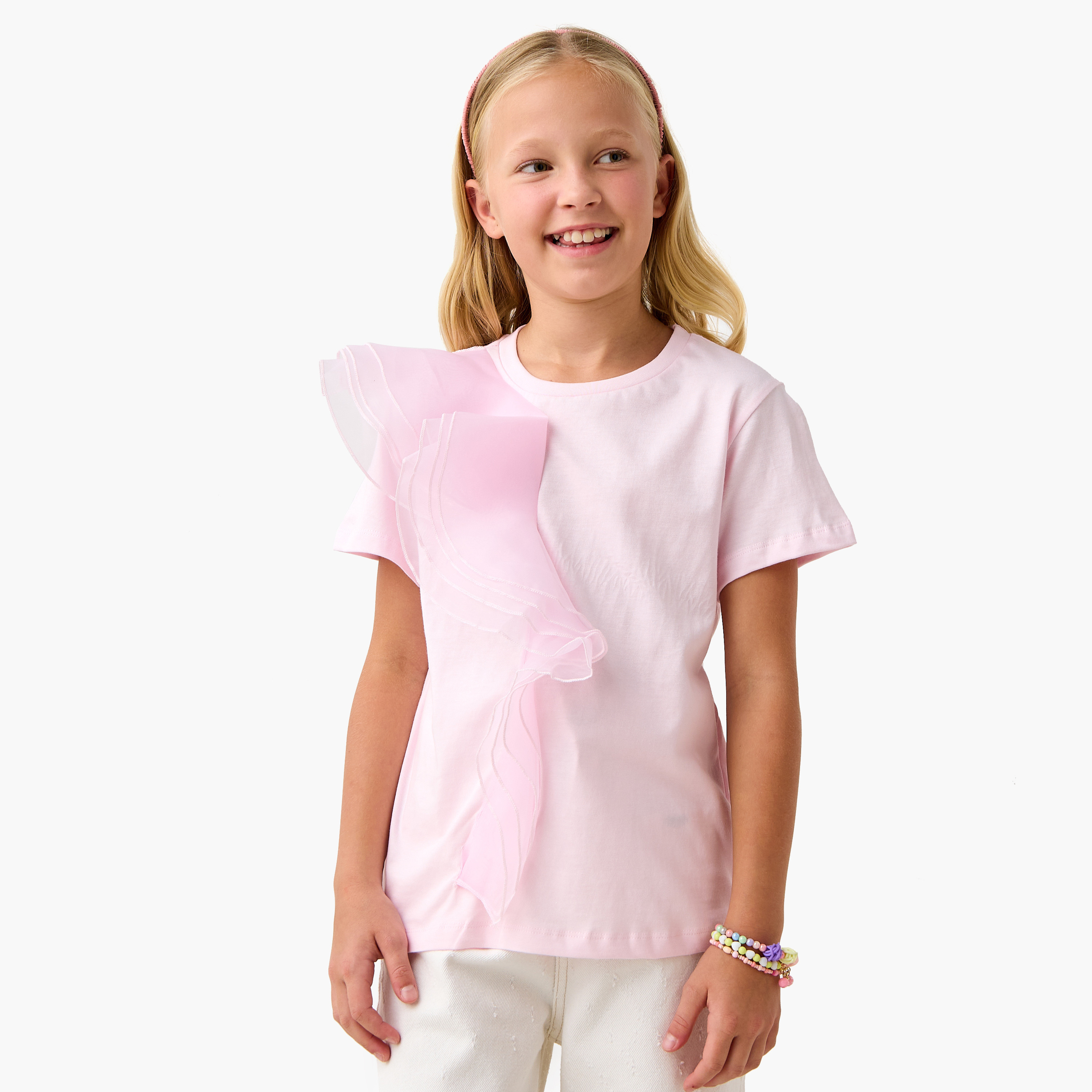 تيشيرت سادة بكشكش وأكمام قصيرة من جونيورز-girls-clothing-tshirts-image-1