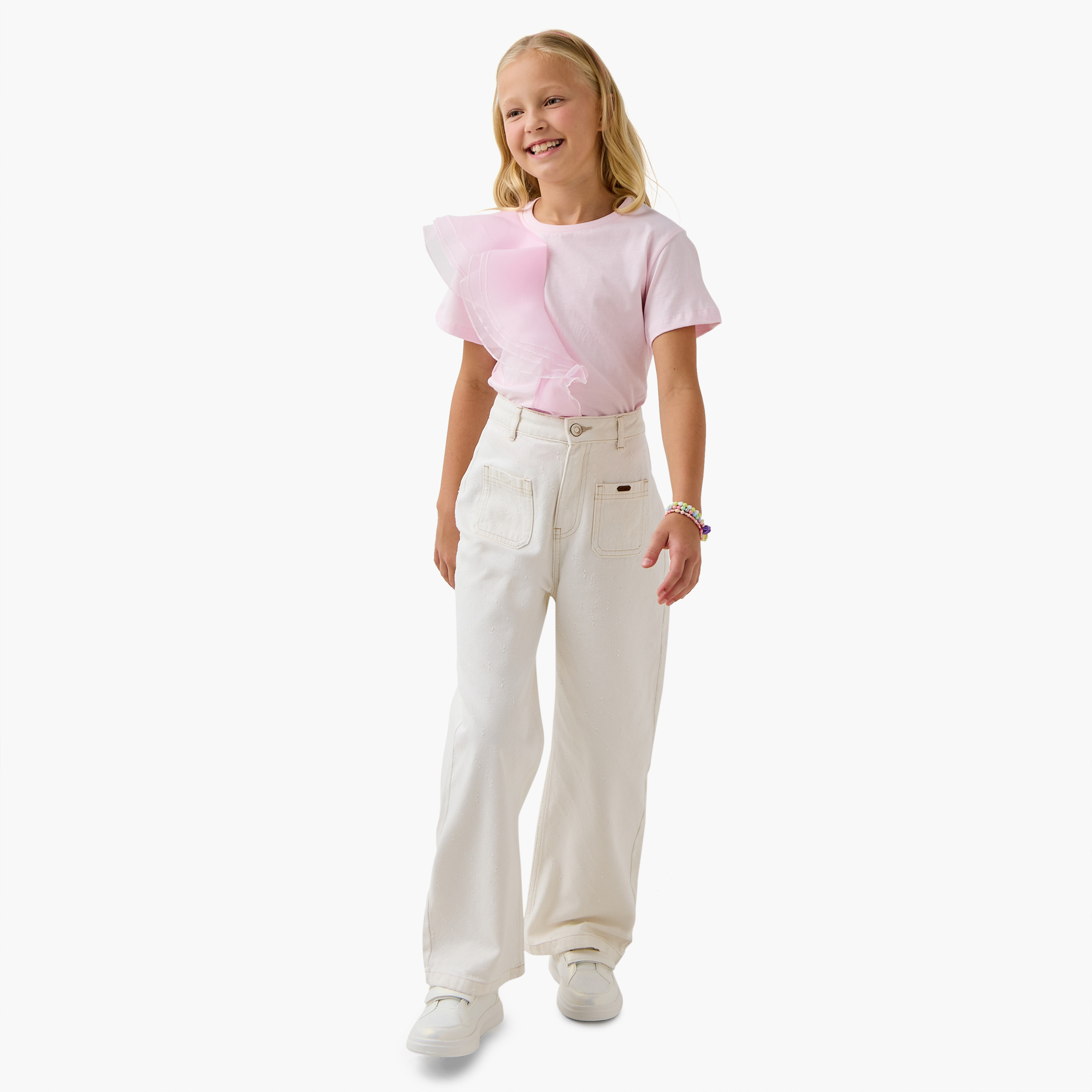 تيشيرت سادة بكشكش وأكمام قصيرة من جونيورز-girls-clothing-tshirts-image-2
