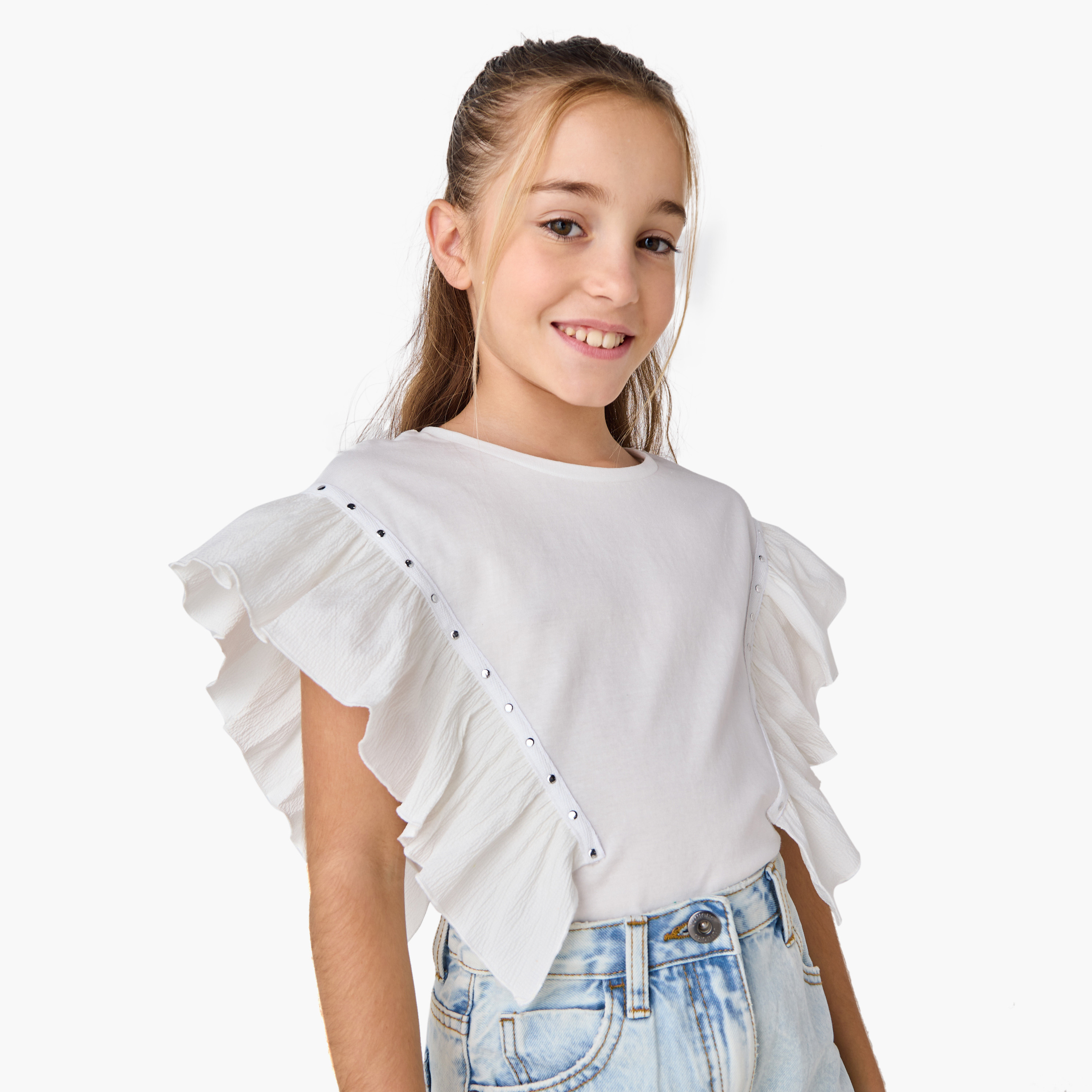 Juniors Solid T-shirt with Side Tulle Detail-girls-clothing-tshirts-image-1