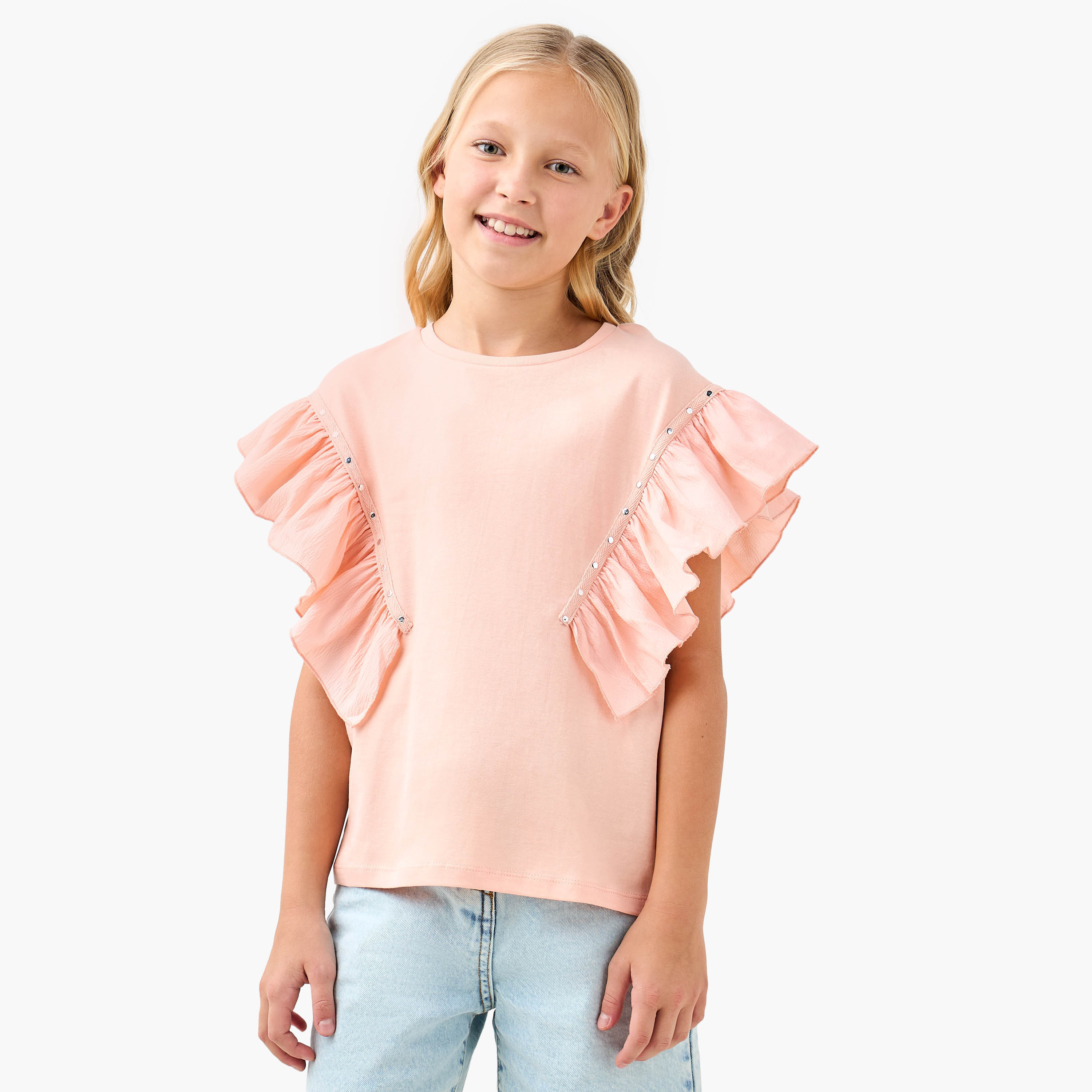 Juniors Solid T-shirt with Side Tulle Detail-girls-clothing-tshirts-image-1